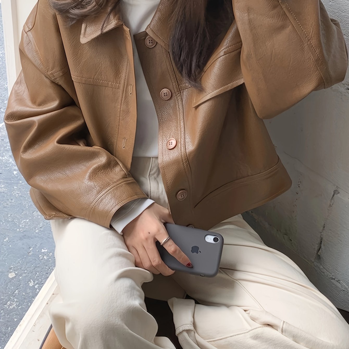 Sixsr Solid Faux Leather Vintage Jacket, Long Sleeve Single Breasted Outwear For Fall & Winter, Women's Clothing