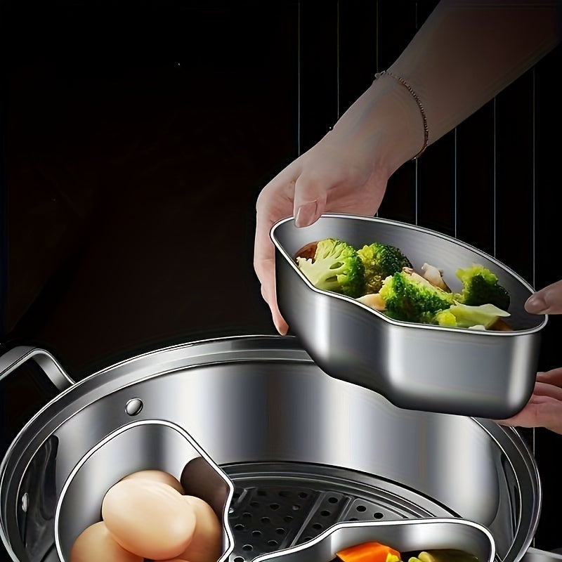 3-Piece Stainless Steel Fan-Shaped Steamer Set with Tray, Grid, and Bowls for Health Cooking, Multi-Functional Separator Rice Cooker for Home Kitchen, Outdoor Camping, and Hiking