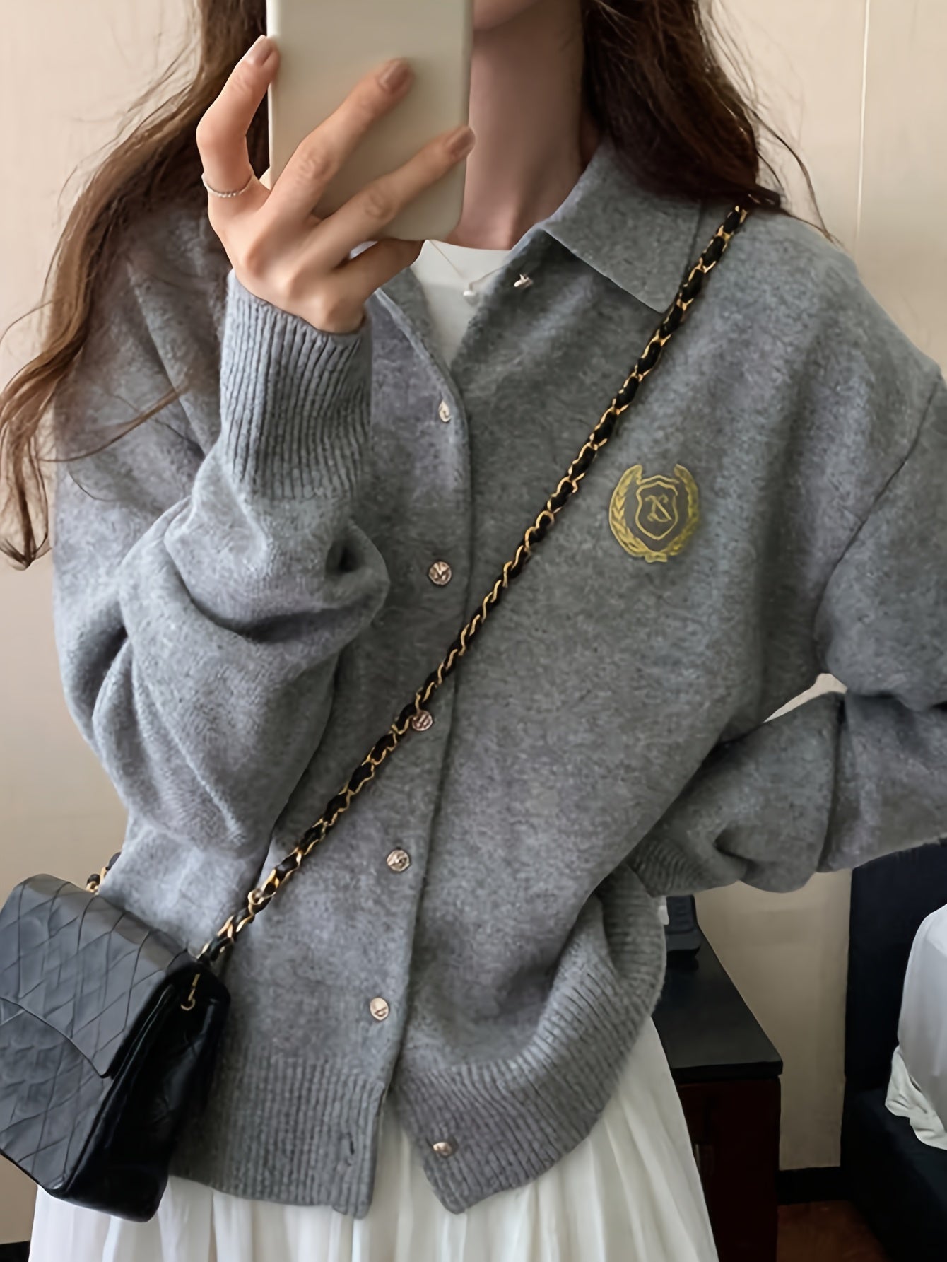 Sixsr Badge Pattern Button Up Knit Cardigan, Casual Turndown Collar Long Sleeve Sweater, Women's Clothing