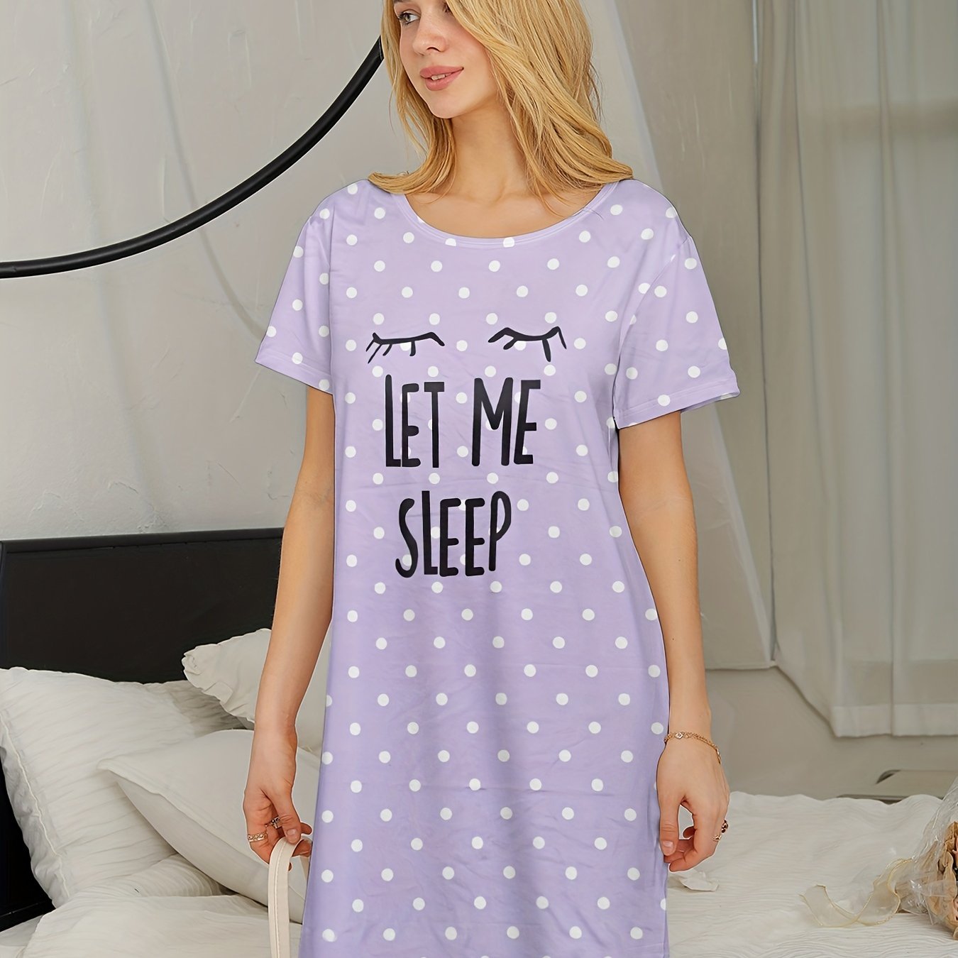 Sixsr Letter Print Polka Dot NightDress, Short Sleeve Crew Neck Pajama Dress, Women's Sleepwear & Dresses