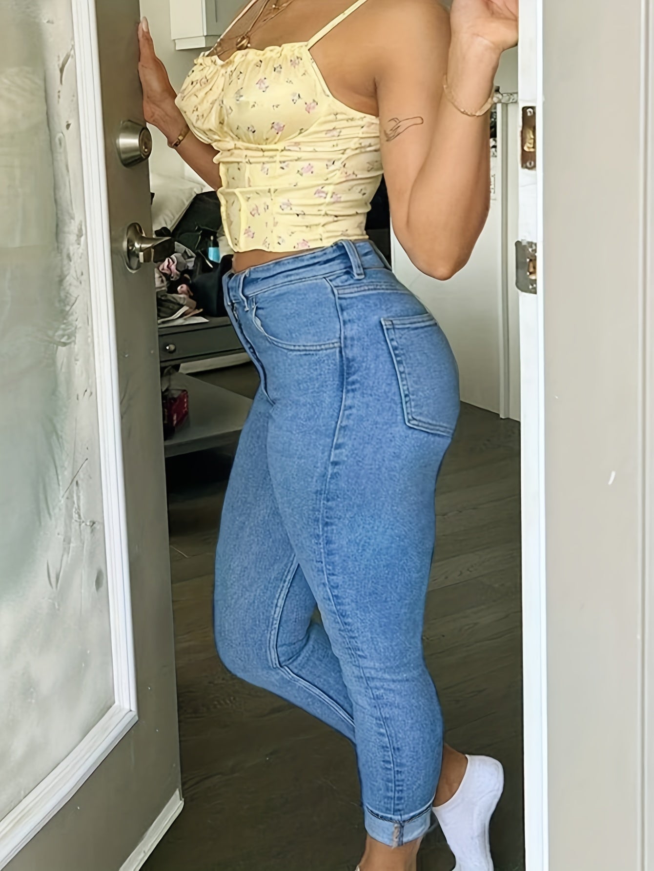 Sixsr Plus Size Casual Jeans, Women's Plus Solid Roll Up Hem Button Fly Medium Stretch Pencil Jeans