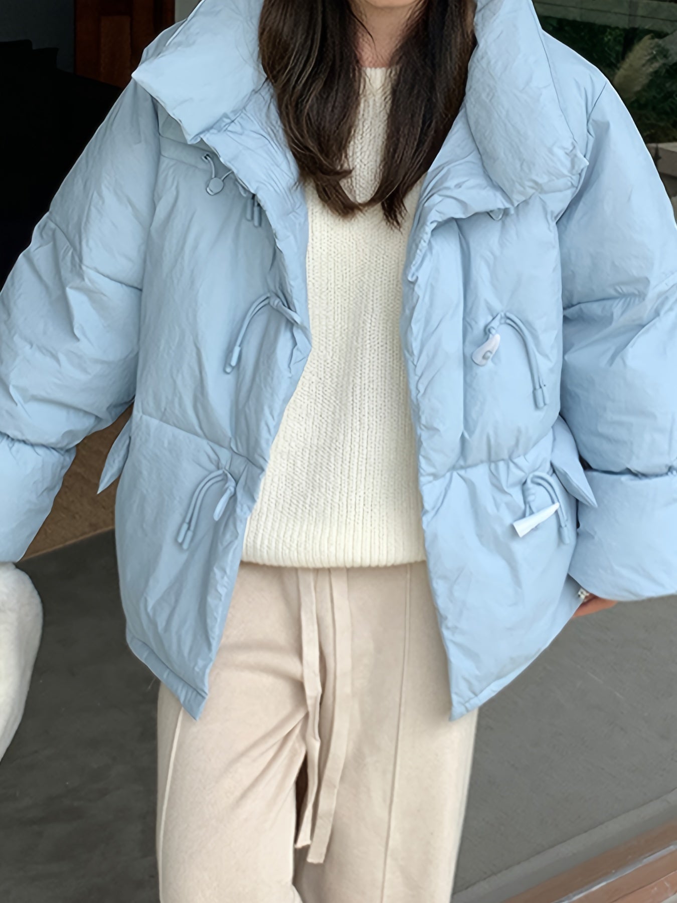 Sixsr Buckle Front Solid Warm Coat, Casual Long Sleeve Puffy Outerwear, Women's Clothing