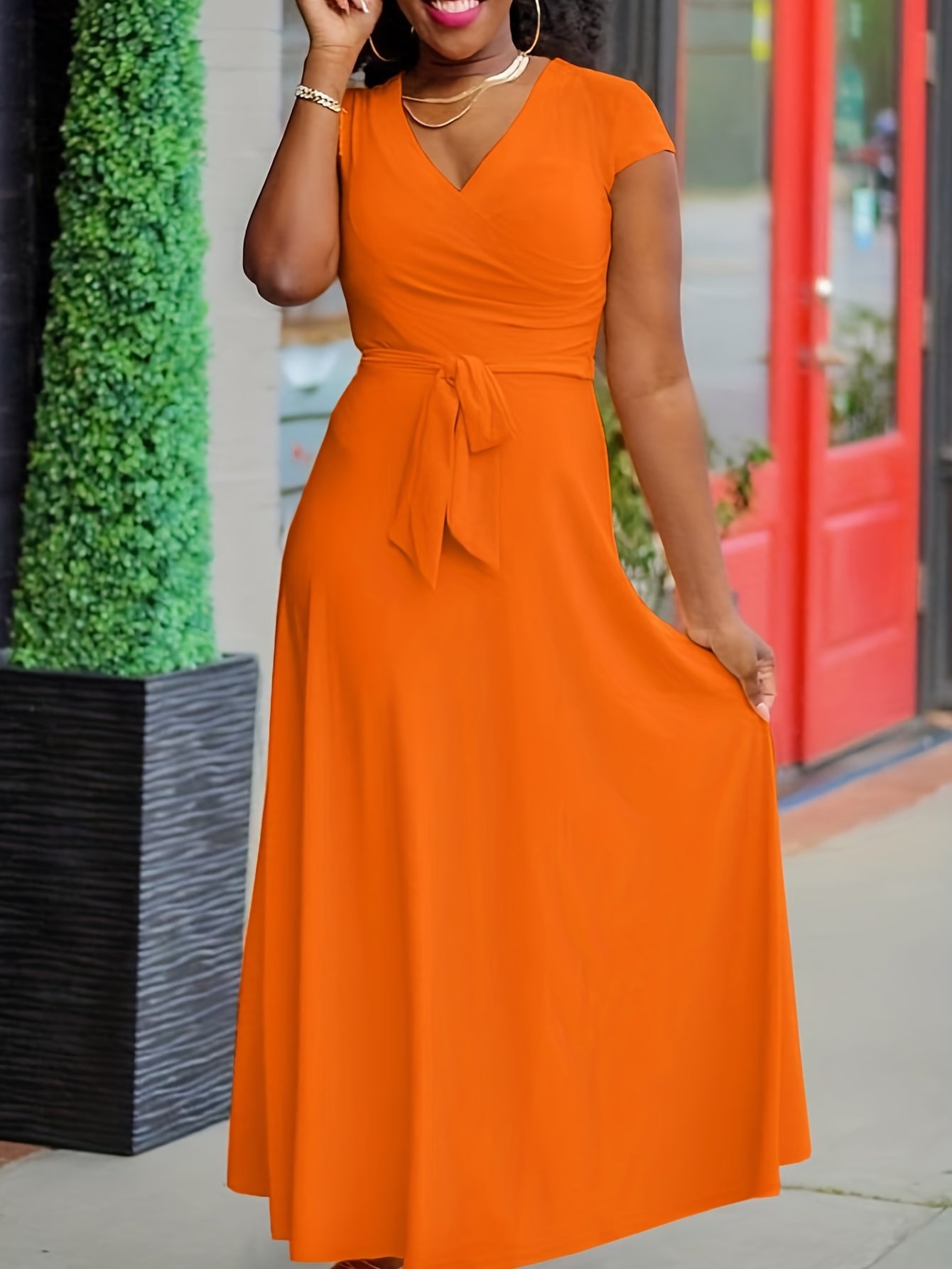 Solid Surplice Neck Maxi Dress, Elegant Belted Short Sleeve Dress For Spring & Summer, Women's Clothing