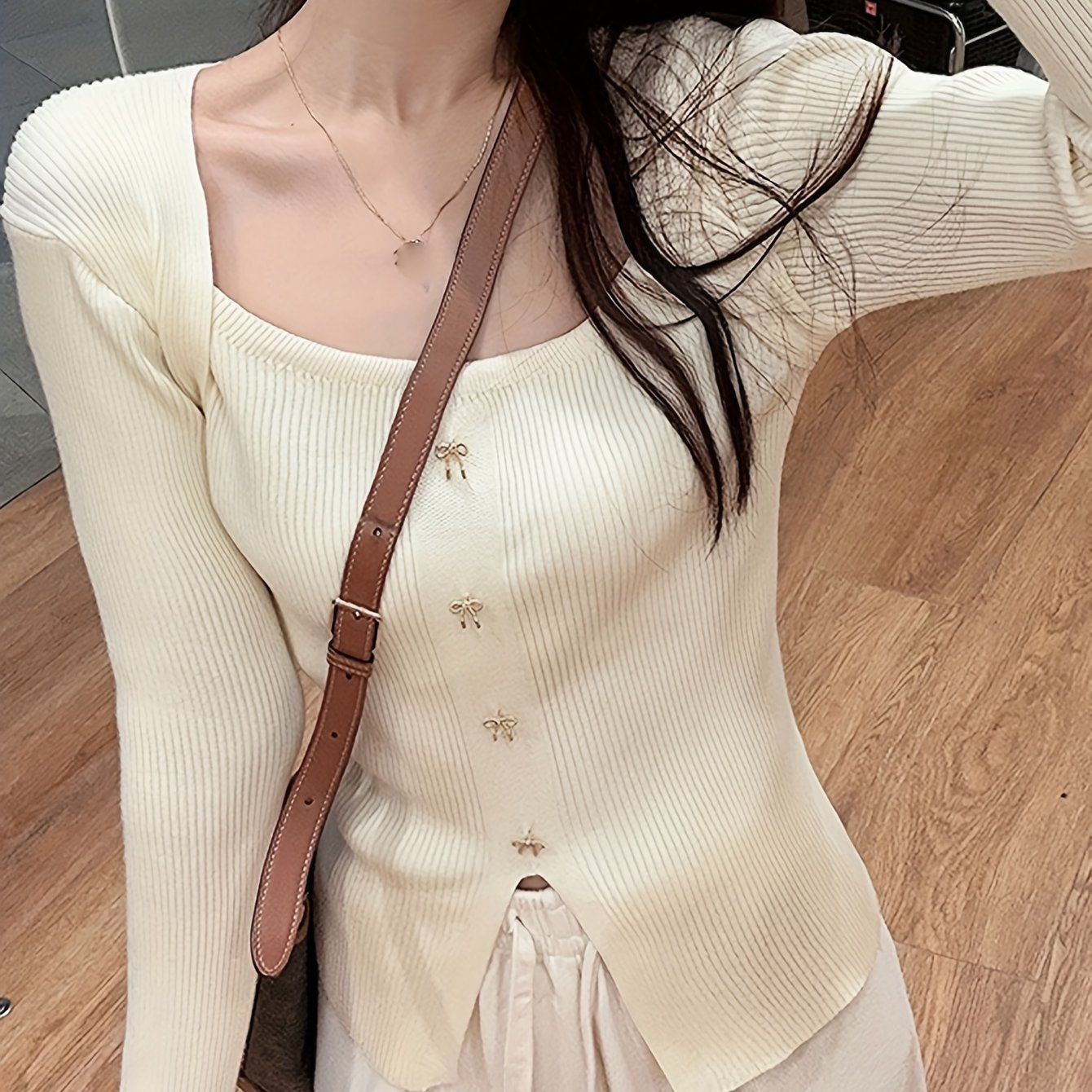 Sixsr Solid Bow Front Knitted Top, Elegant Split Long Sleeve Sweater For Spring & Fall, Women's Clothing