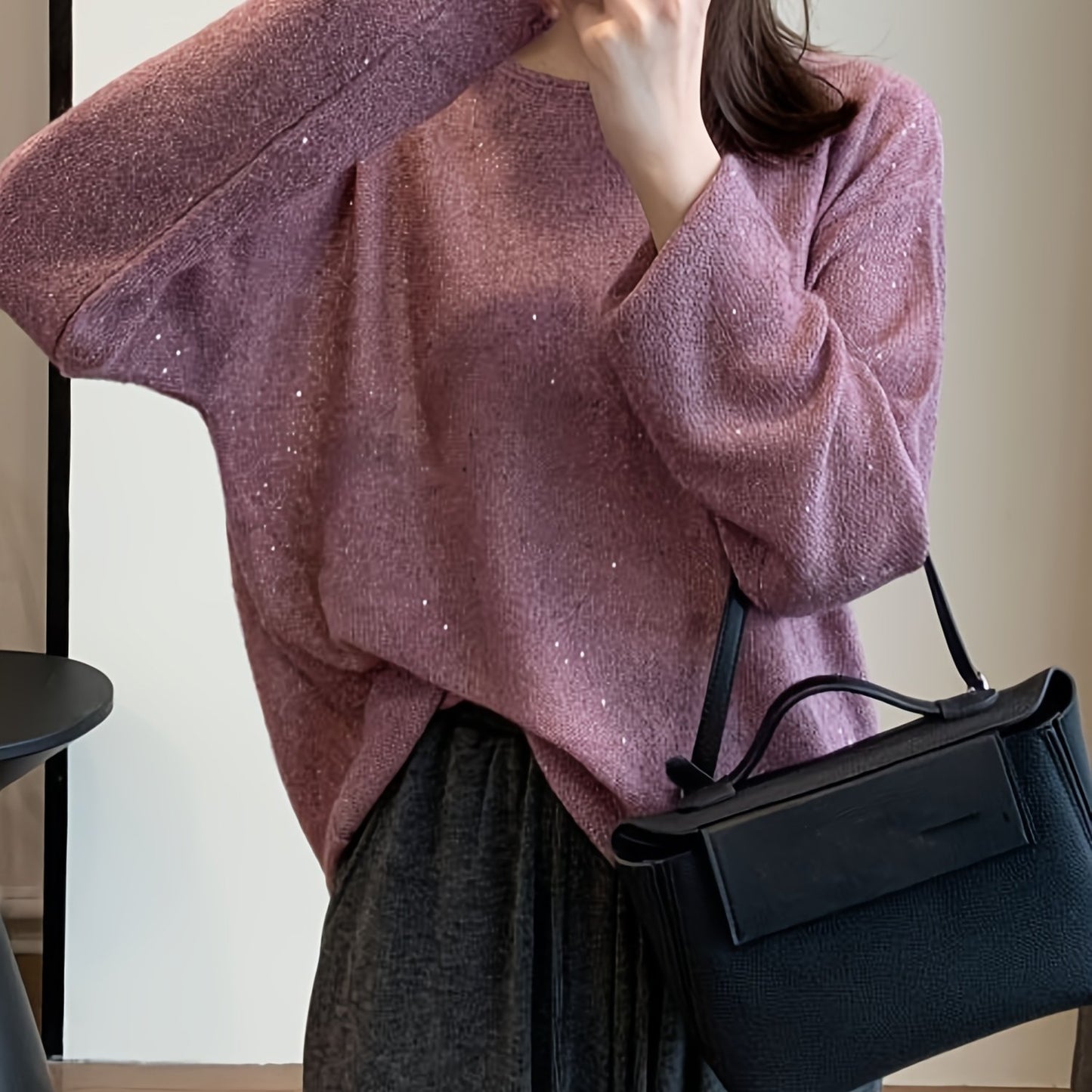 Sixsr Solid Crew Neck Pullover Sweater, Elegant Long Sleeve Drop Shoulder Sweater, Women's Clothing