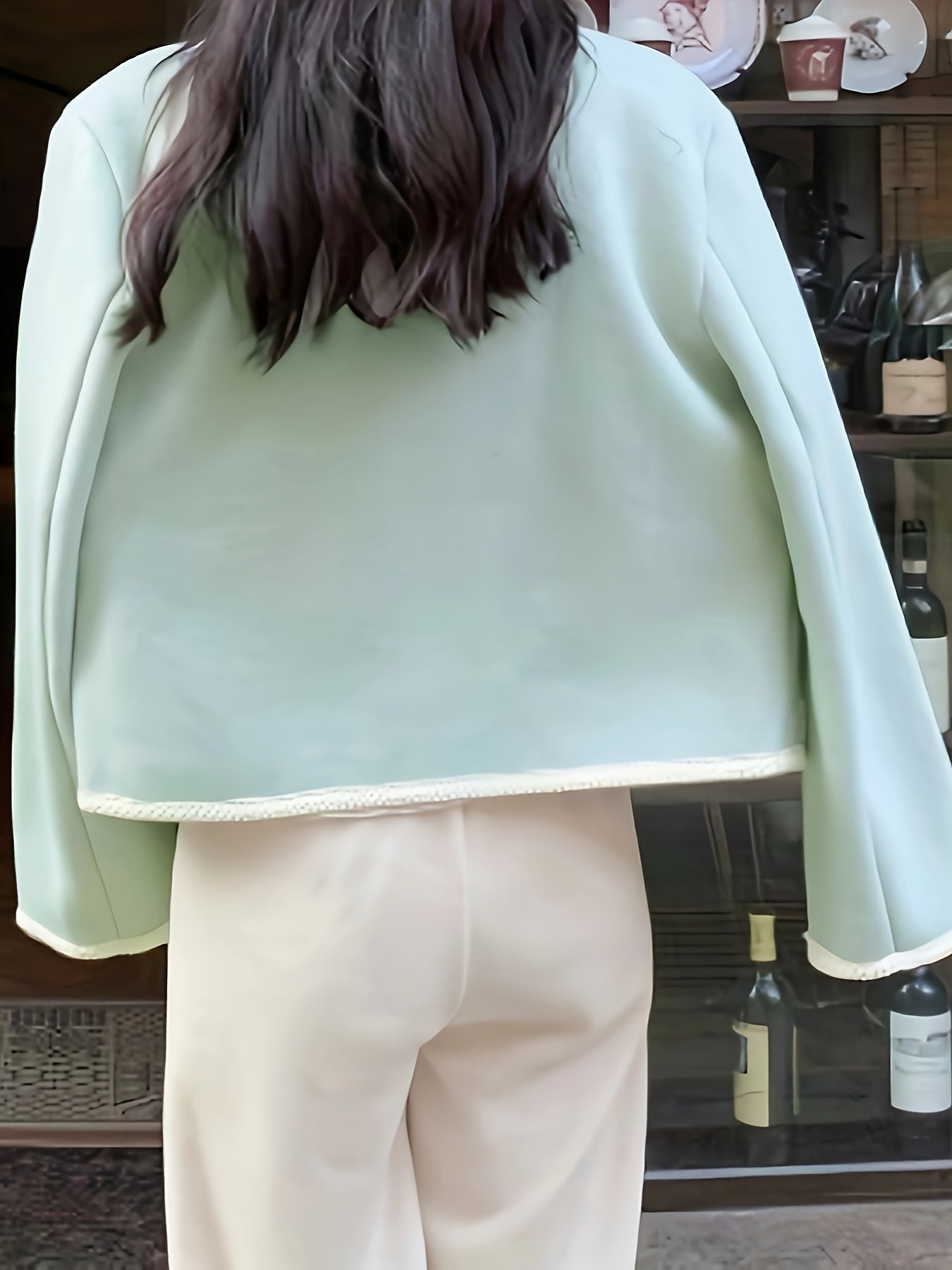 Sixsr Fuzzy Trim Crew Neck Jacket, Elegant Double Breasted Long Sleeve Outerwear, Women's Clothing