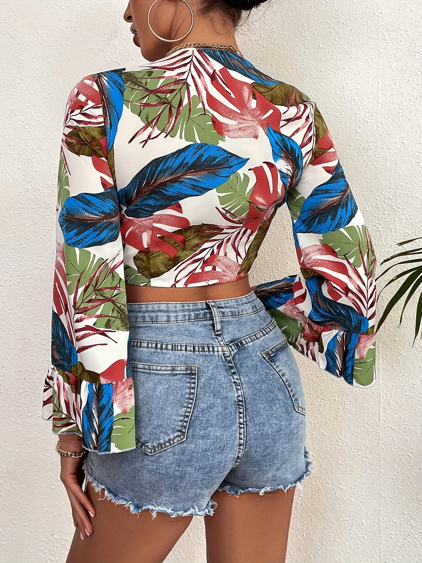 Sixsr Botanical Print Deep V Crop Top, Casual Colorblock Front Tie Ruffles Sleeve Blouse, Women's Clothing