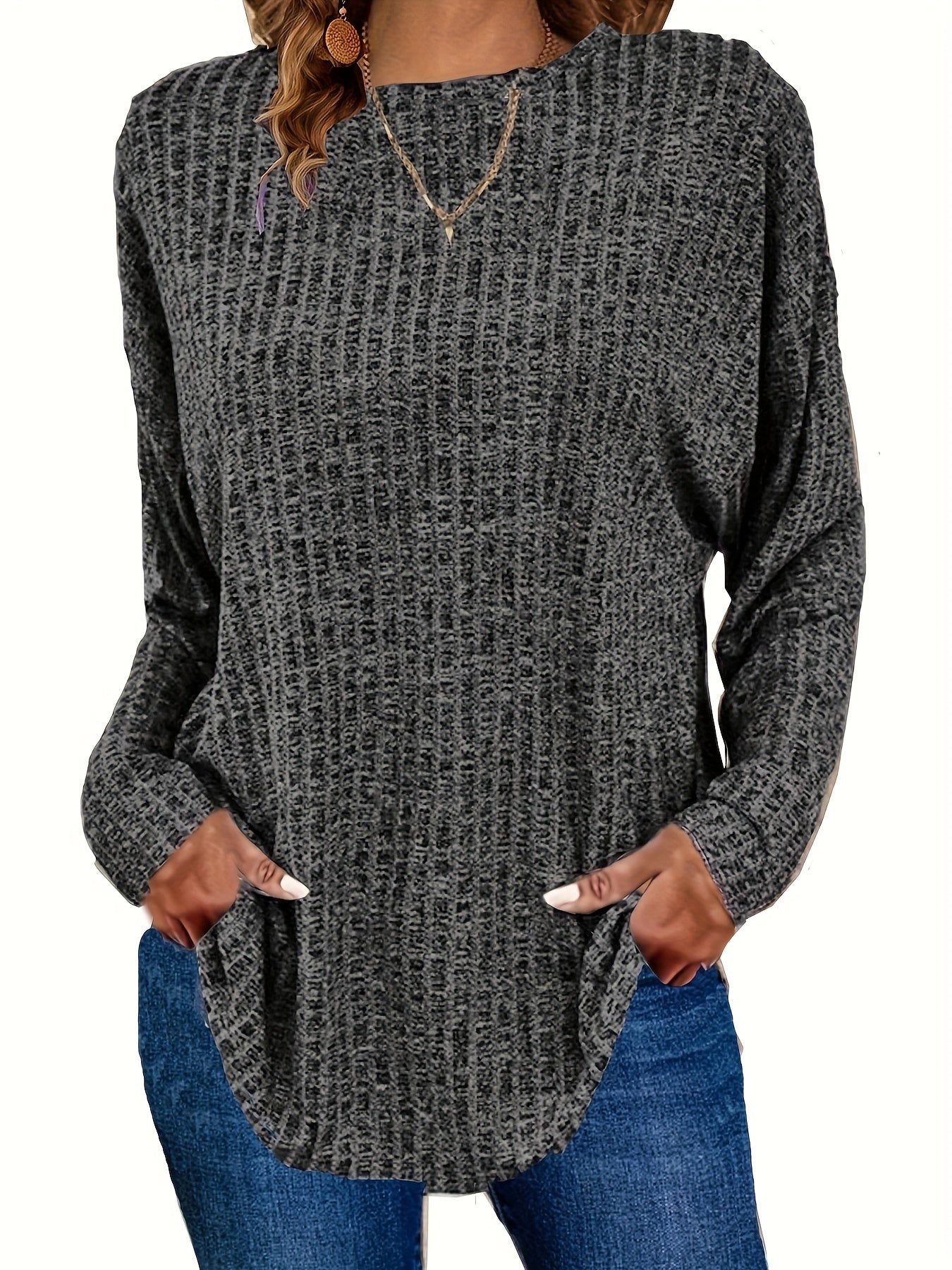 Sixsr Plus Size Casual Sweater, Women's Plus Solid Ribbed Long Sleeve Round Neck Knit Top