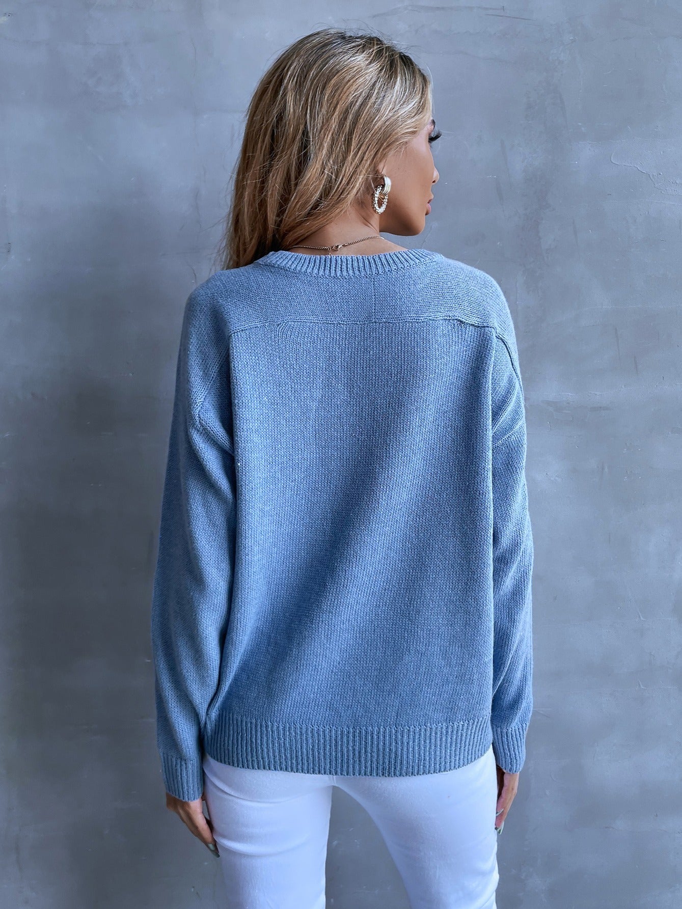 Sixsr Women's Sweater Casual Solid Blue Crewneck Raglan Sleeve Loose Fall Winter Sweater