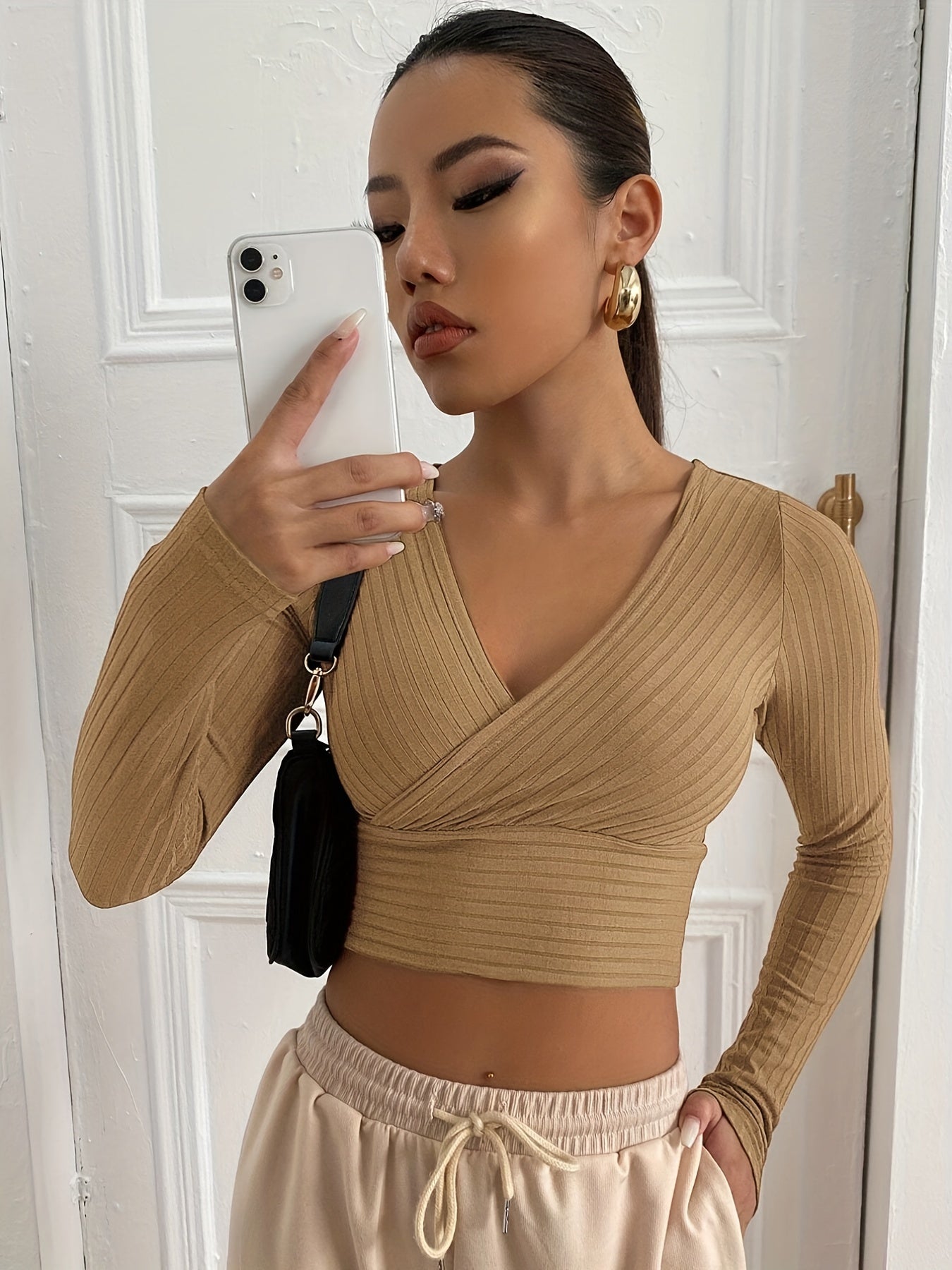 Sixsr Ribbed Solid Deep V Neck Long Sleeve Cross Wrap Crop Tops , Women's Clothings