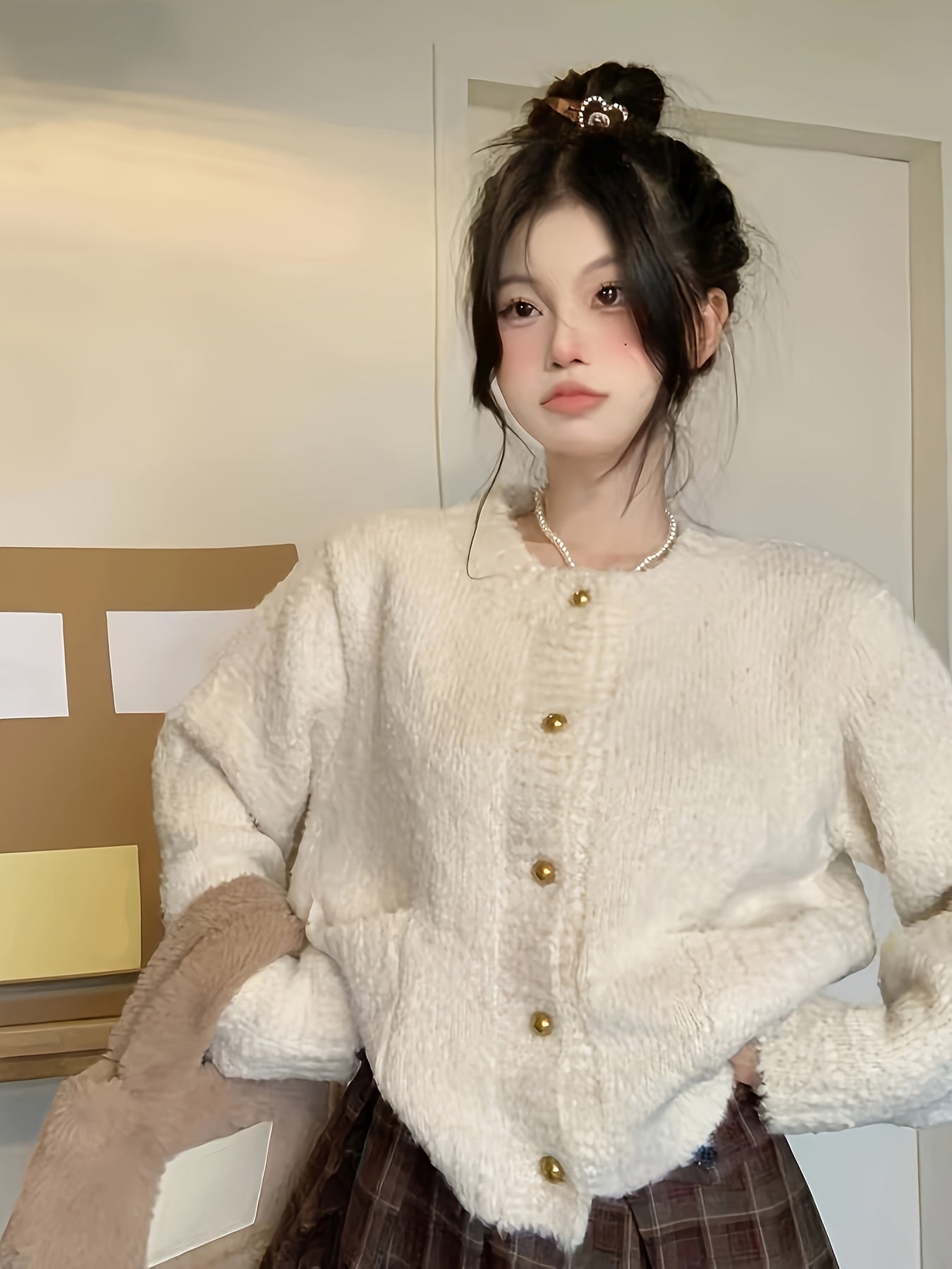 Sixsr Solid Button Down Fuzzy Knit Cardigan, Casual Crew Neck Long Sleeve Thick Sweater, Women's Clothing