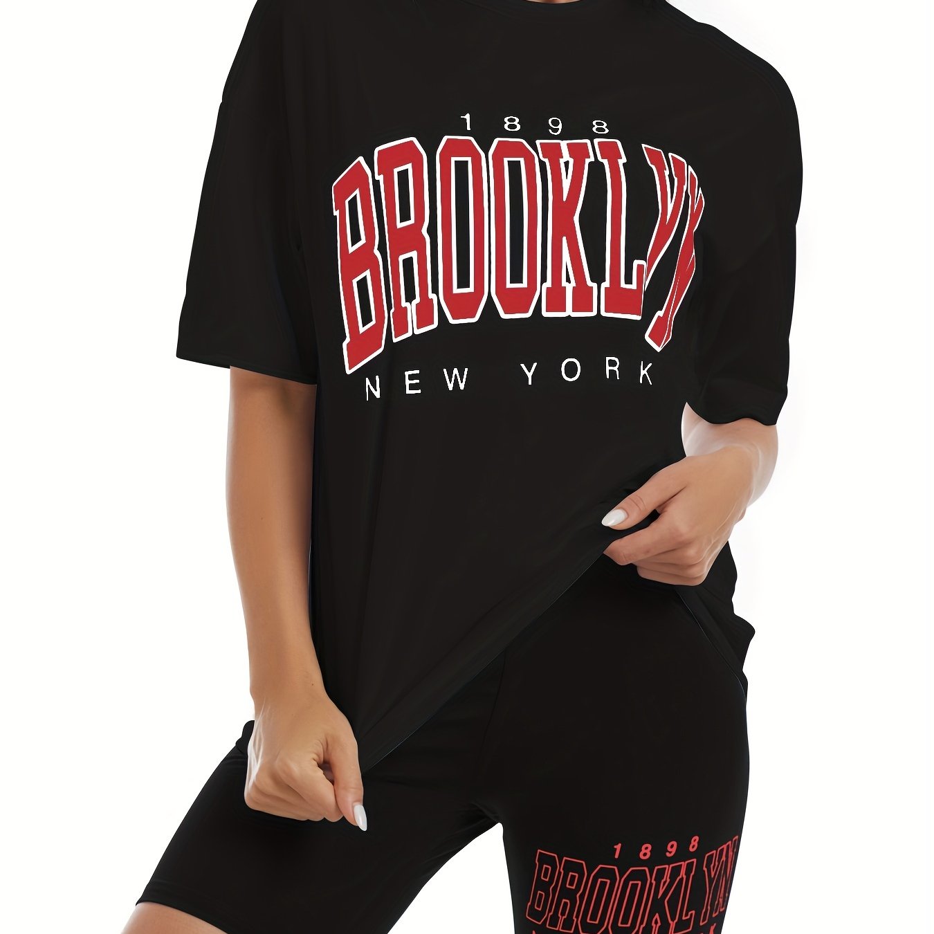 Sixsr Stylish Letter Print Two-piece Set, Casual Crew Neck Short Sleeve T-shirt & Slim Summer Shorts Outfits, Women's Clothing