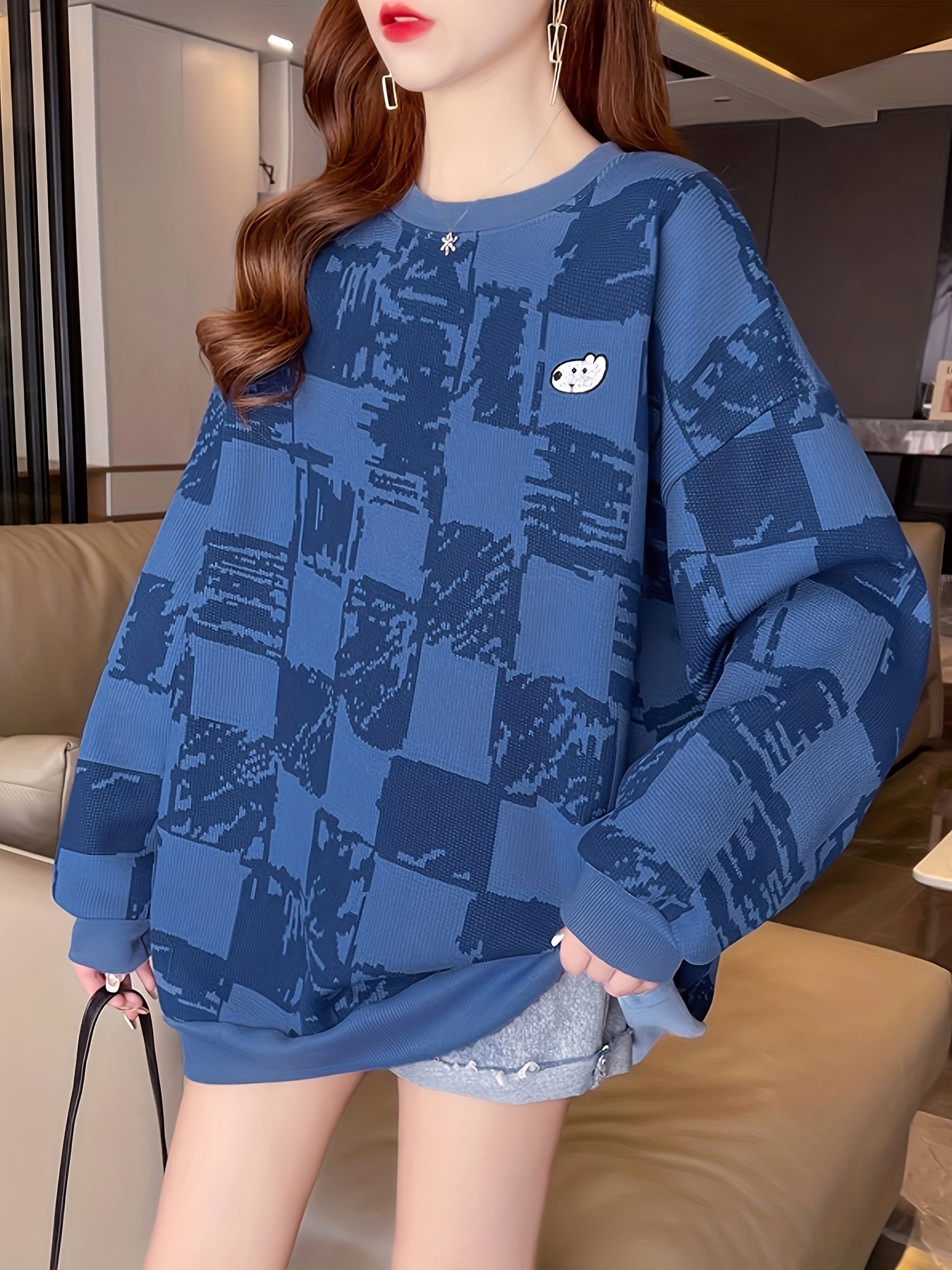 Sixsr Plaid Print Dog Sweatshirt, Casual Oversized Crew Neck Comfy Sweatshirt, Women's Clothing