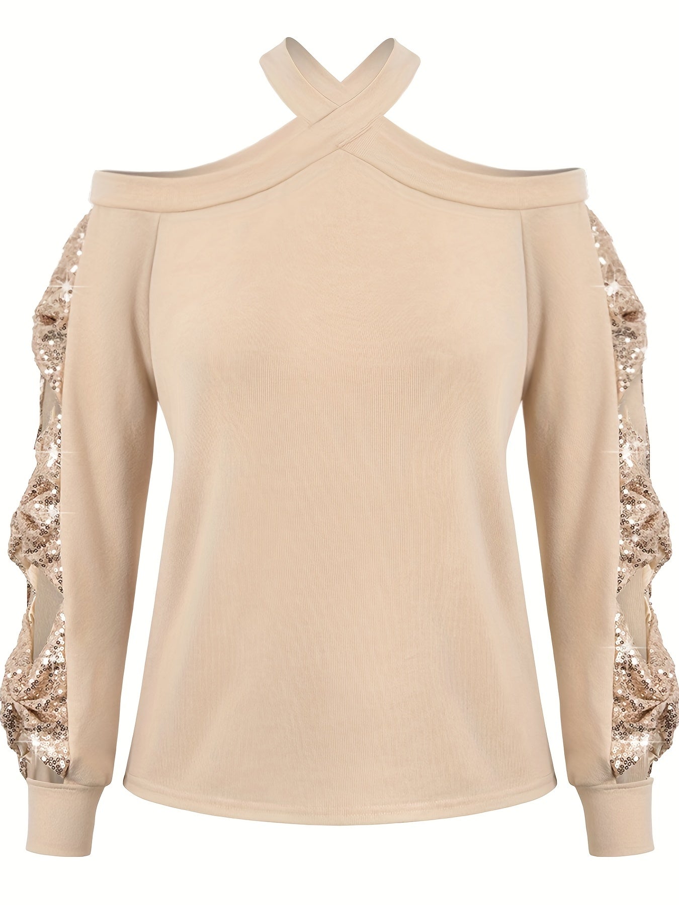Sixsr Plus Size Sexy Top, Women's Plus Solid Sequin Decor Cold Shoulder Cut Out Long Sleeve Criss Cross Halter Neck Medium Stretch Top