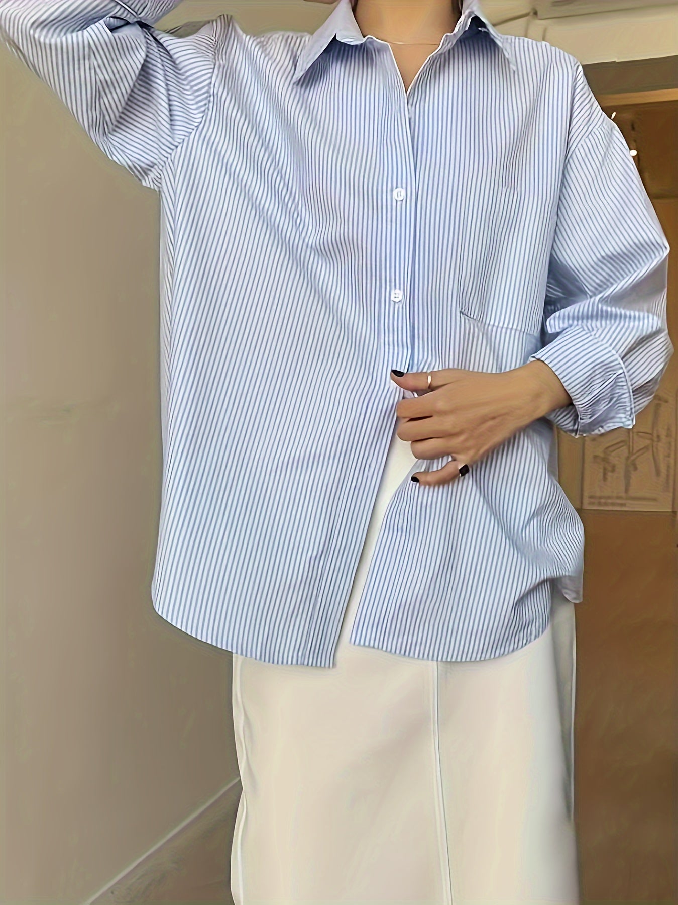 Sixsr Striped Print Patched Pocket Shirt, Vintage Long Sleeve Drop Shoulder Shirt, Women's Clothing