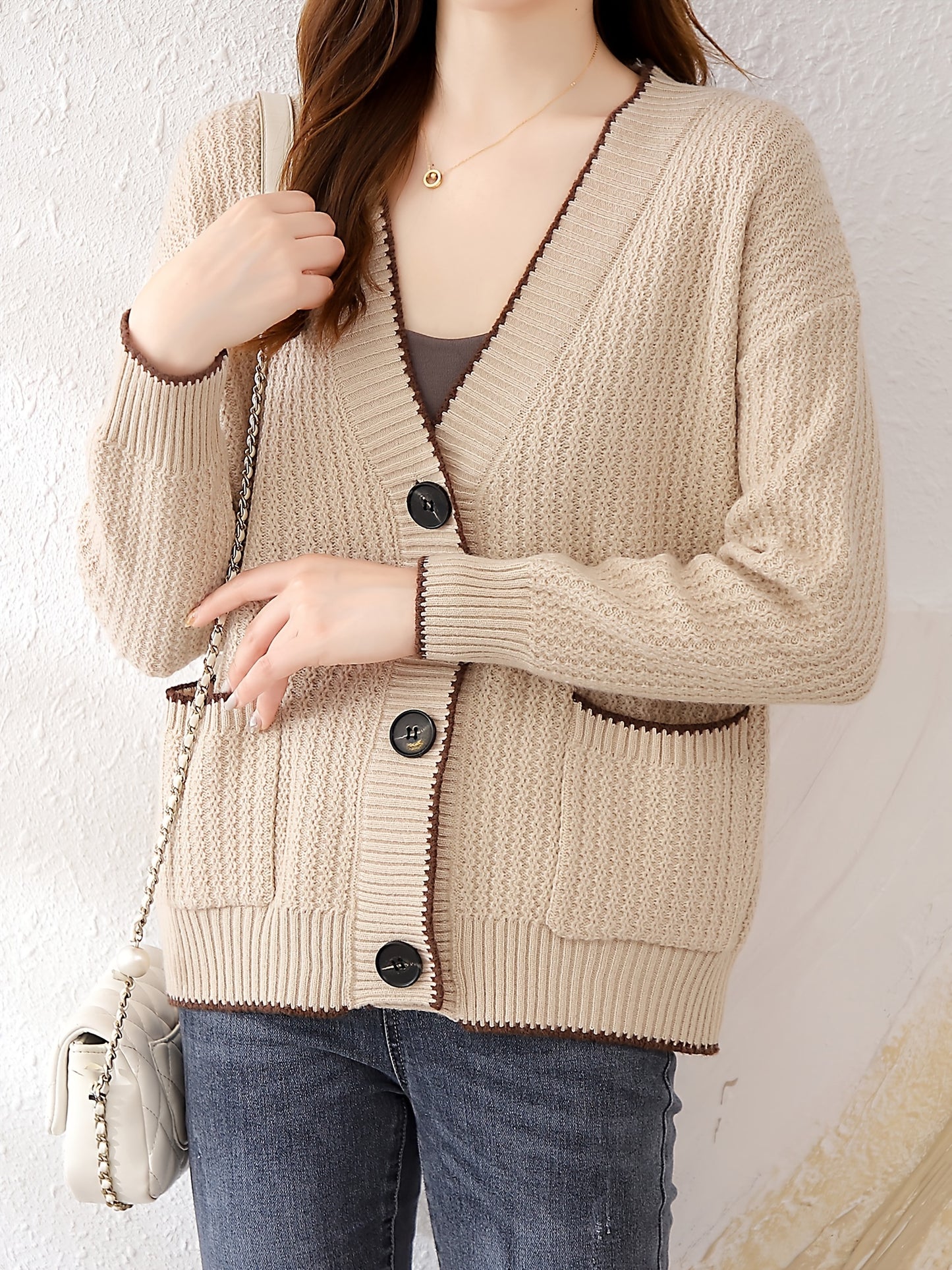 Sixsr V Neck Button Up Rib Knit Cardigan, Elegant Long Sleeve Sweater With Pocket, Women's Clothing