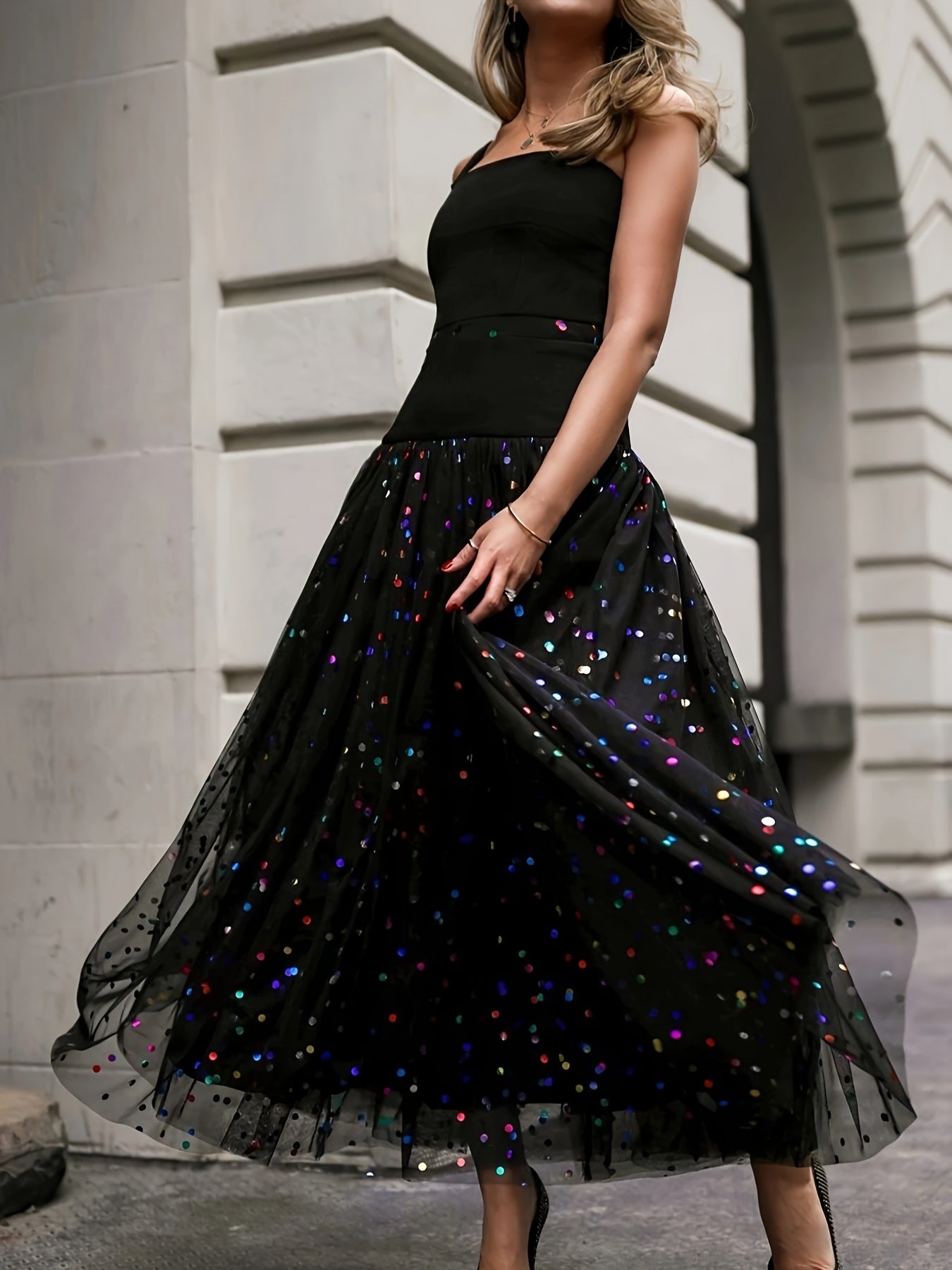 Sixsr  Plus Size Sequin Decor Mesh Skirt, Casual High Waist Pleated Midi Skirt, Women's Plus Size Clothing