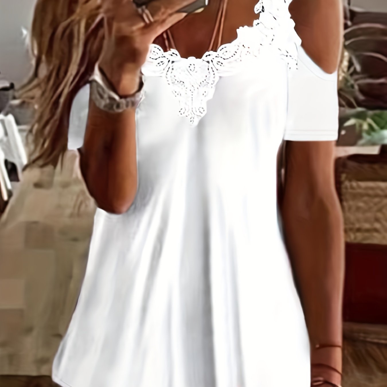 Sixsr Lace Trim Cold Shoulder T-shirt, Casual Solid V Neck Short Sleeve T-shirt, Women's Clothing