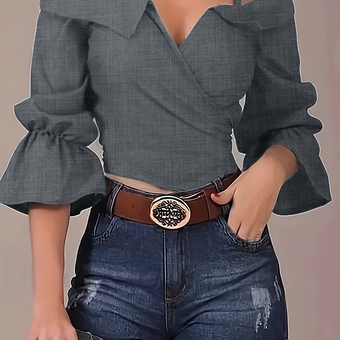 Sixsr Solid Spaghetti Strap Blouse, Casual Bell Sleeve Surplice Neck Blouse, Women's Clothing