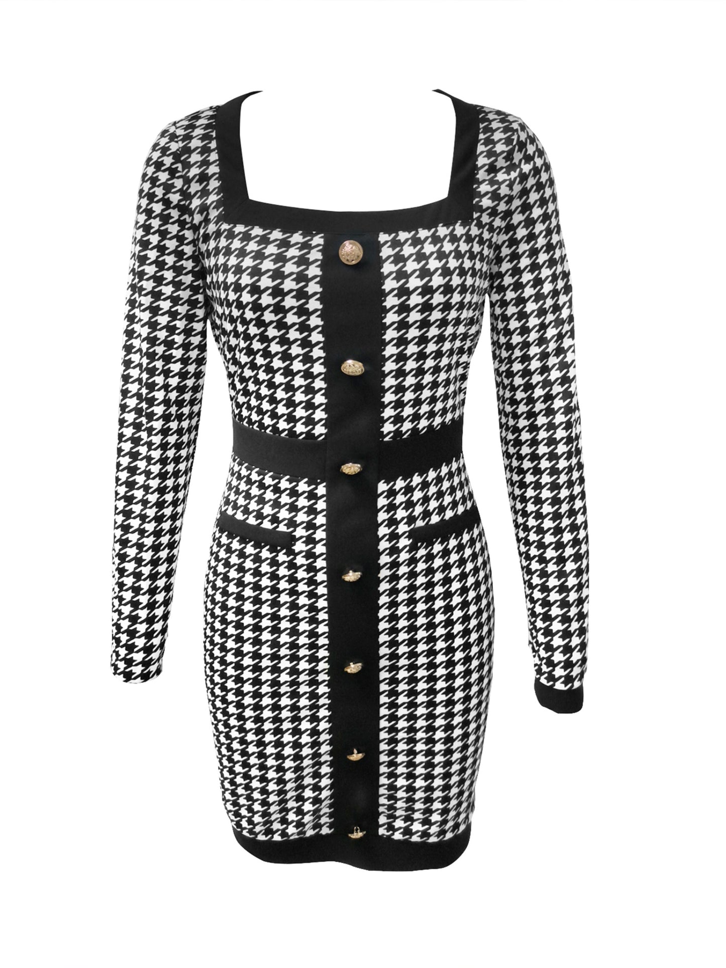 Houndstooth Print Dress, Elegant Squared Neck Long Sleeve Slim Dress, Women's Clothing