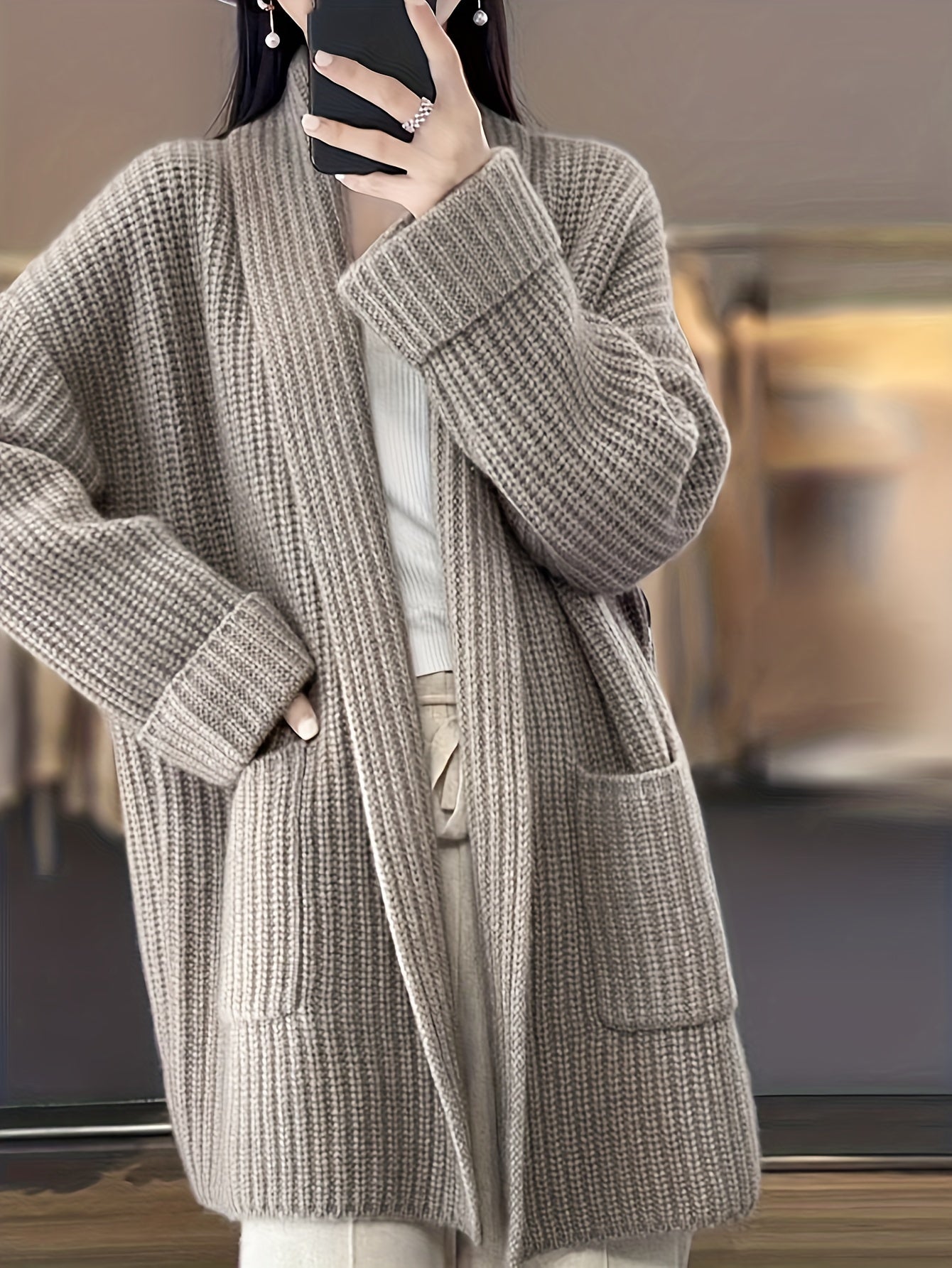 Sixsr Solid Open Front Knit Cardigan, Casual Long Sleeve Oversized Sweater Coat With Pocket, Women's Clothing