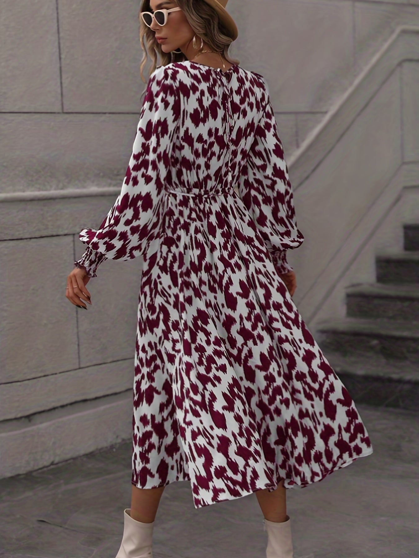 Leopard Print Crew Neck Dress, Elegant Long Sleeve Dress For Spring & Summer, Women's Clothing
