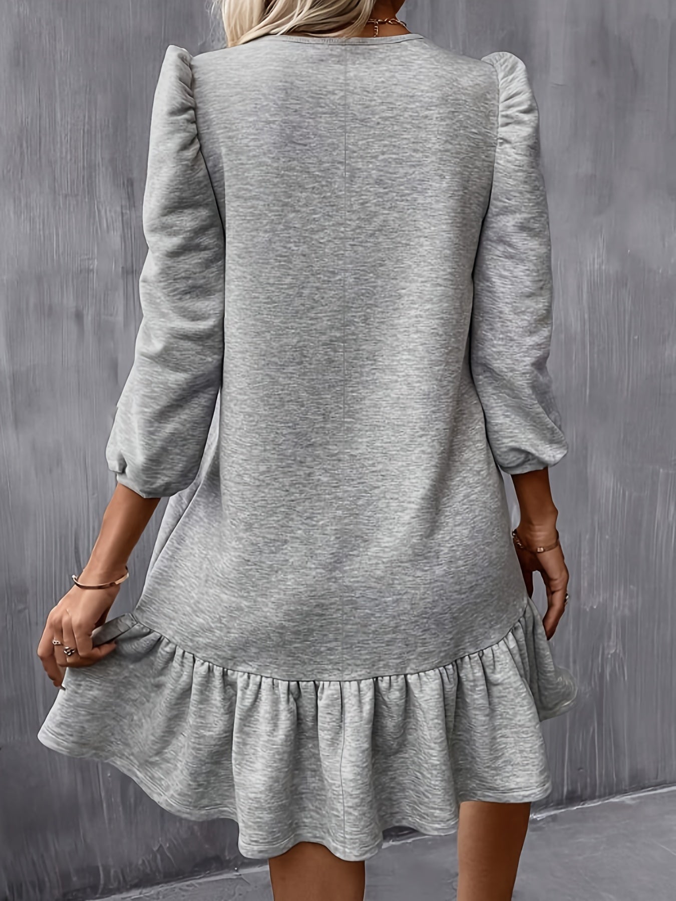 Solid Ruffle Hem Lantern Sleeve Dress, Casual Crew Neck Above Knee Dress, Women's Clothing