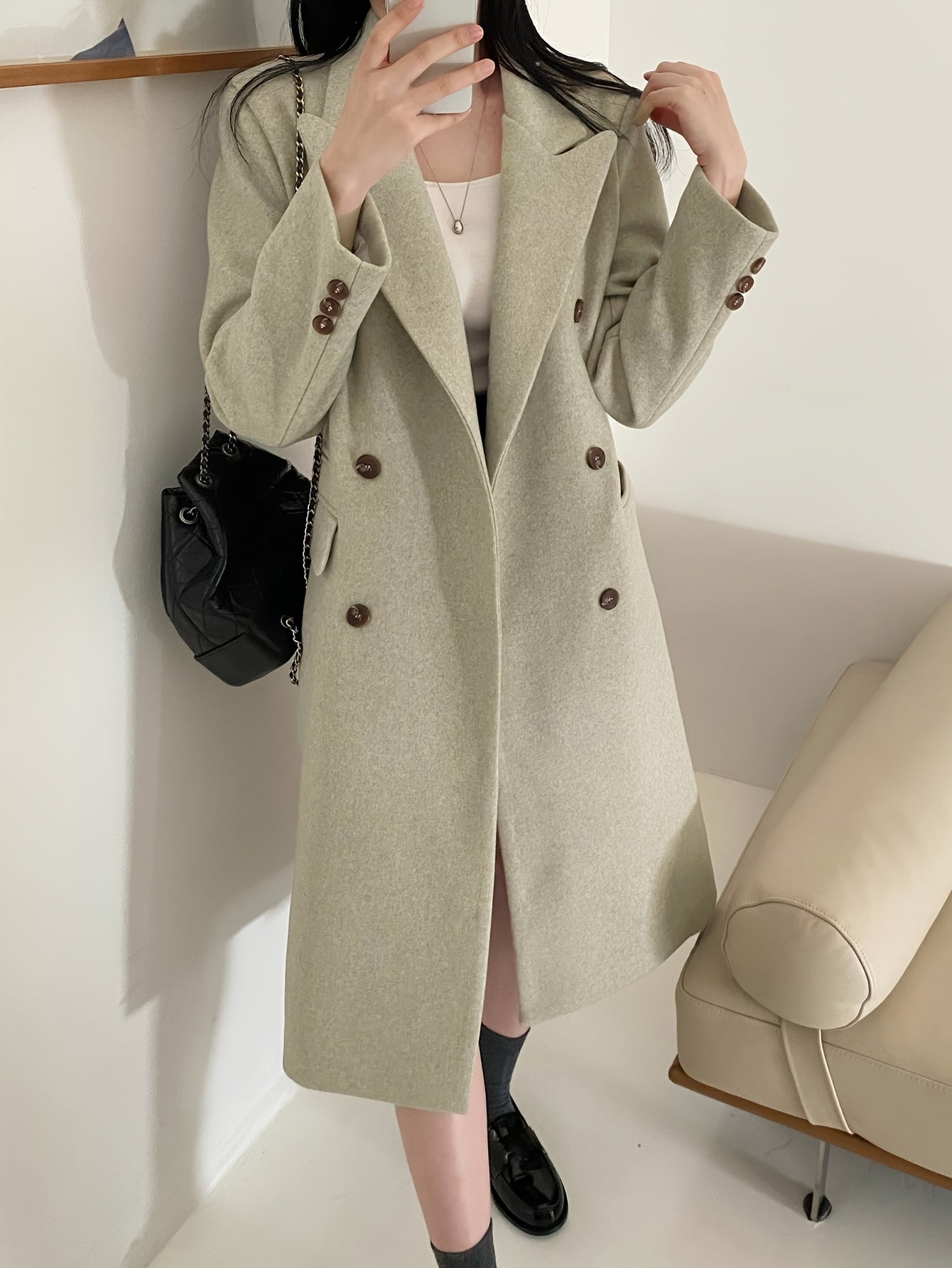 Sixsr Solid Color Double-breasted Coat, Casual Long Sleeve Lapel Coat For Fall & Winter, Women's Clothing