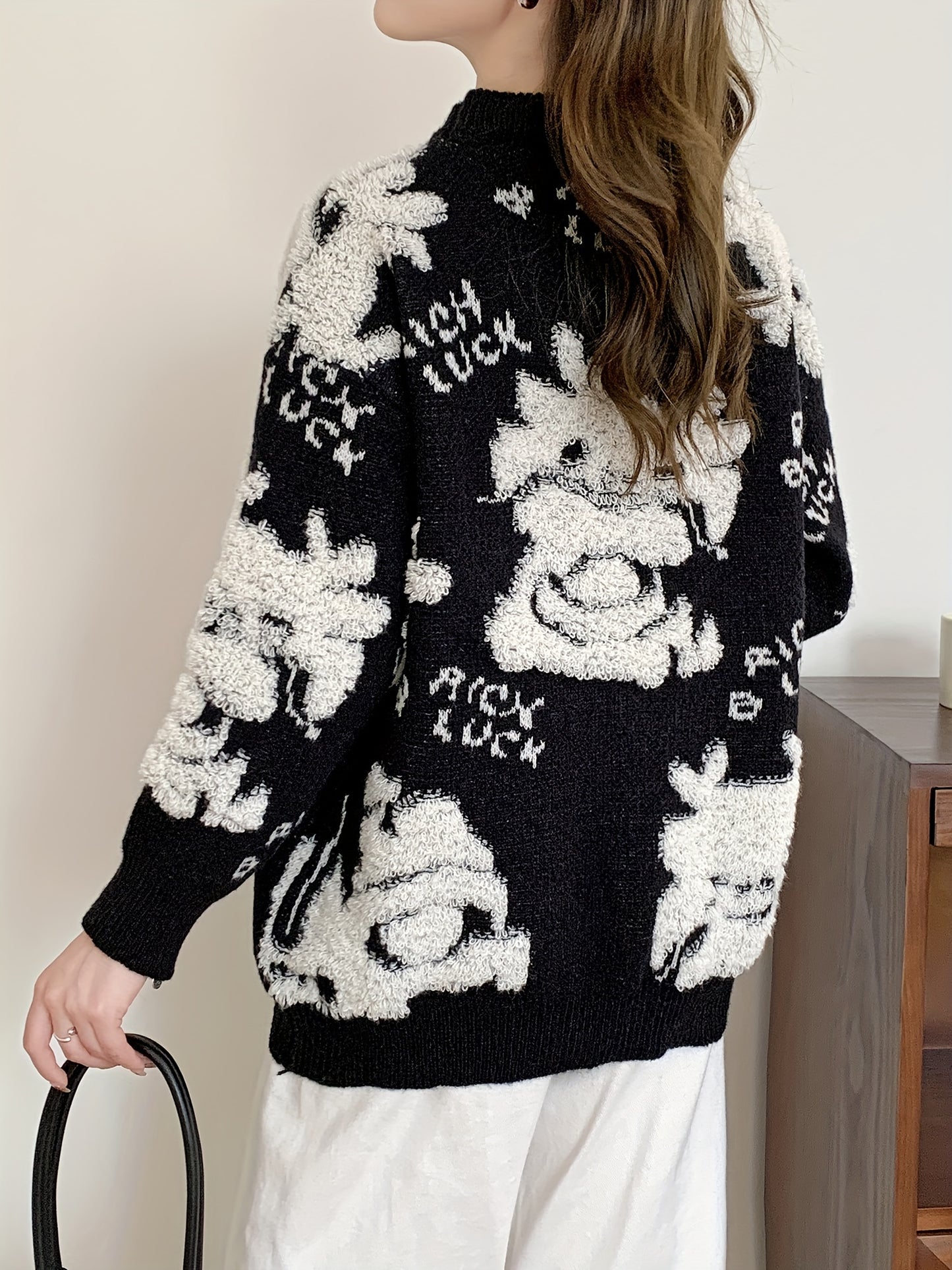 Sixsr Dragon Pattern Crew Neck Pullover Sweater, Cute Long Sleeve Fall Winter Sweater, Women's Clothing