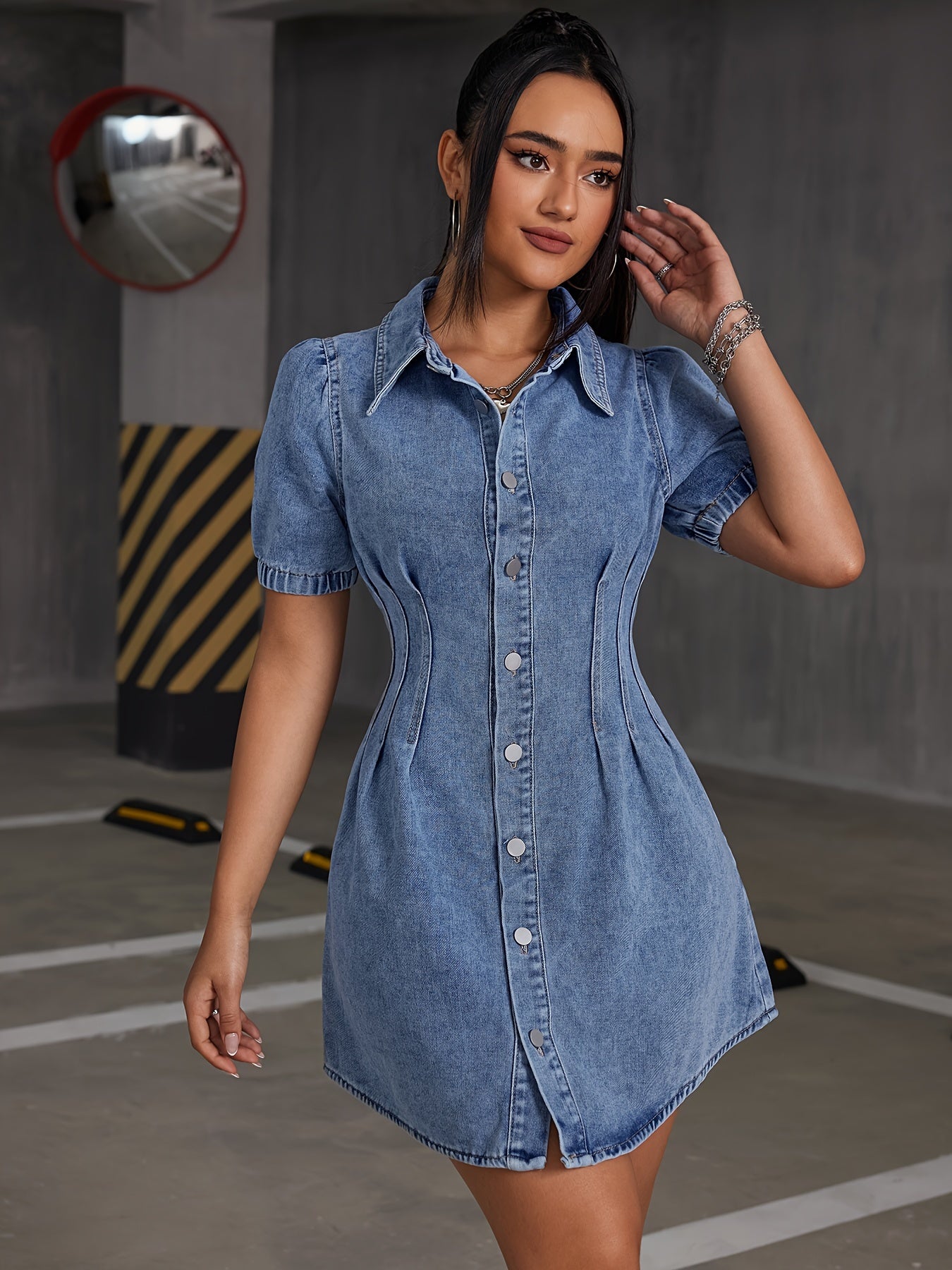 Sixsr Blue Short Sleeves Denim Dress, Single Breasted Button Elegant Lapel Denim Dress, Women's Denim Clothing
