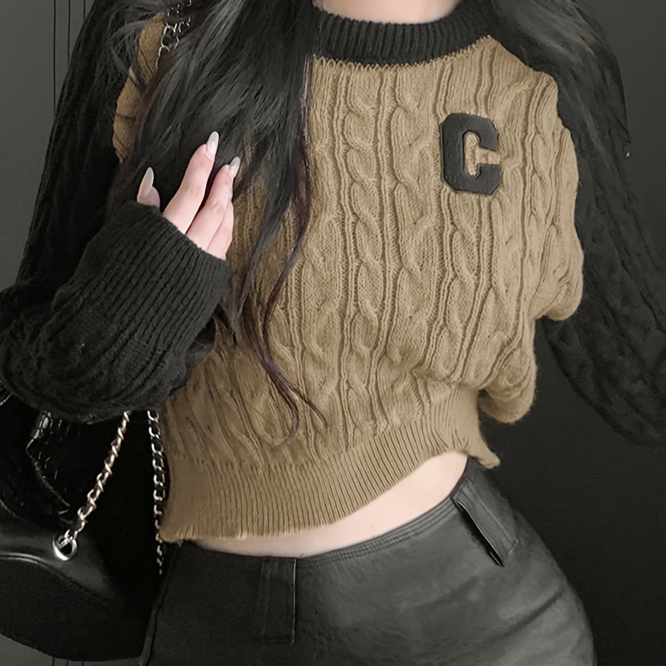 Sixsr Color Block Crew Neck Cable Knit Sweater, Casual Long Sleeve Pullover Sweater, Women's Clothing