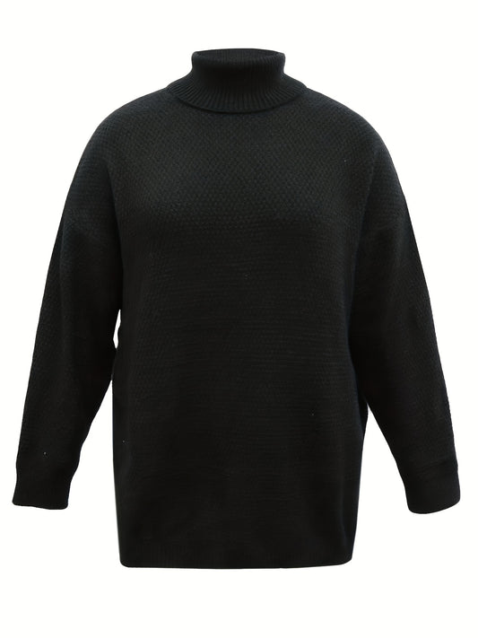 Sixsr Plus Size Turtle Neck Split Long Sleeve Sweater, Women's Plus Slight Stretch Casual Pull Over Sweater