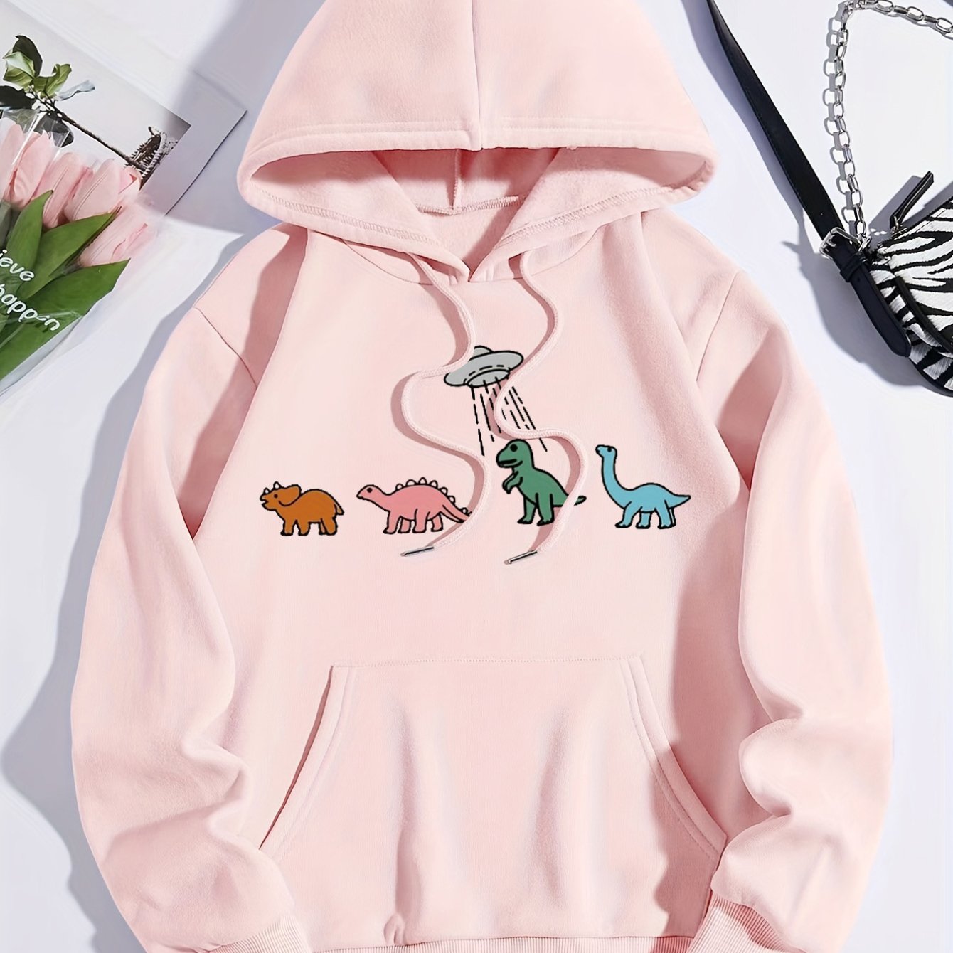 Sixsr Plus Size Casual Sweatshirt, Women's Plus Dinosaur Print Long Sleeve Drawstring Hoodie With Pockets