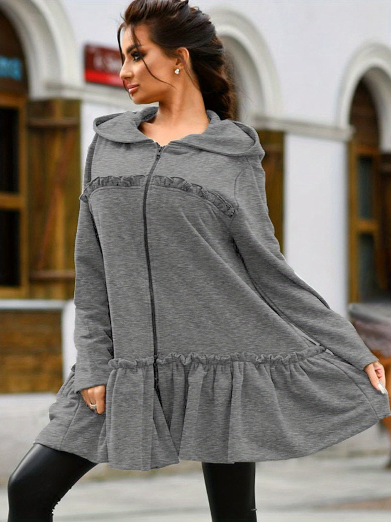 Sixsr Flared Ruffle Trim Hoodies, Casual Zip Up Long Sleeve Solid Sweatshirt, Women's Clothing