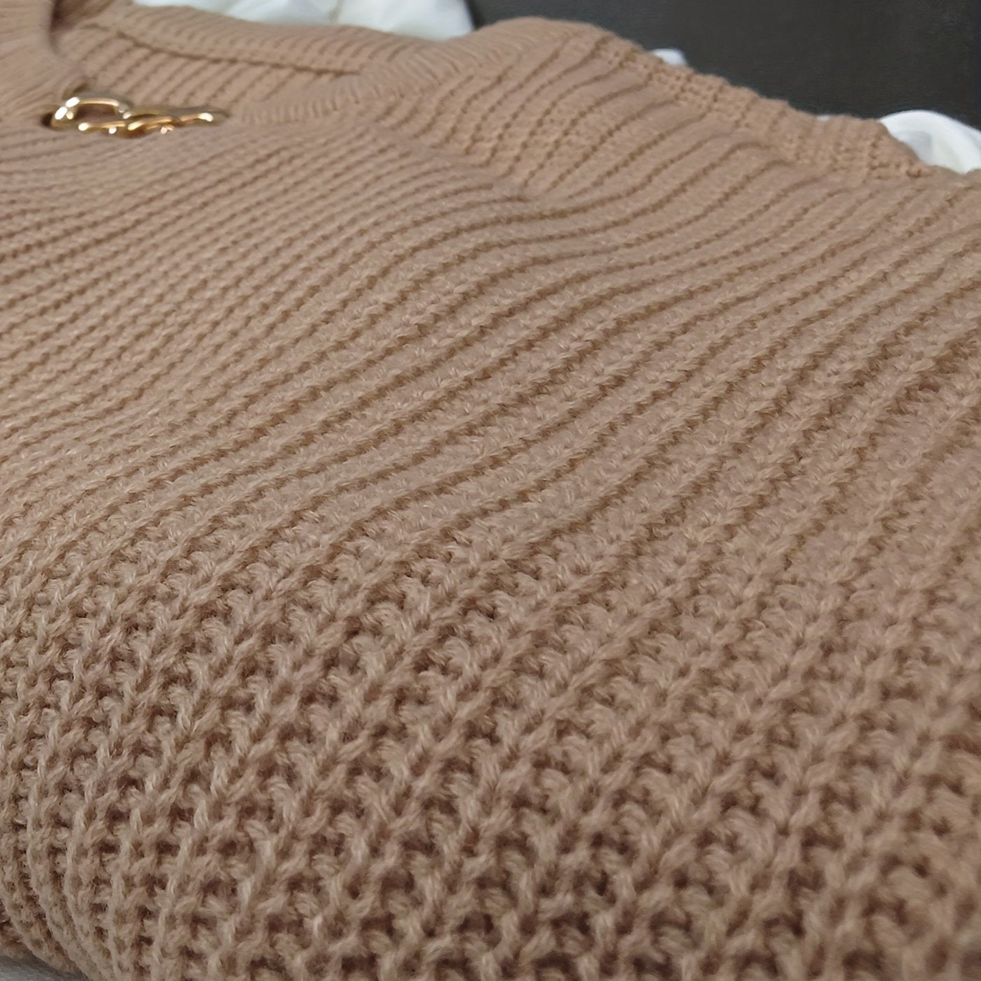Sixsr Plus Size Chain Decor Cut Out Lantern Sleeve Sweater, Women's Plus Medium Stretch Casual Sweater
