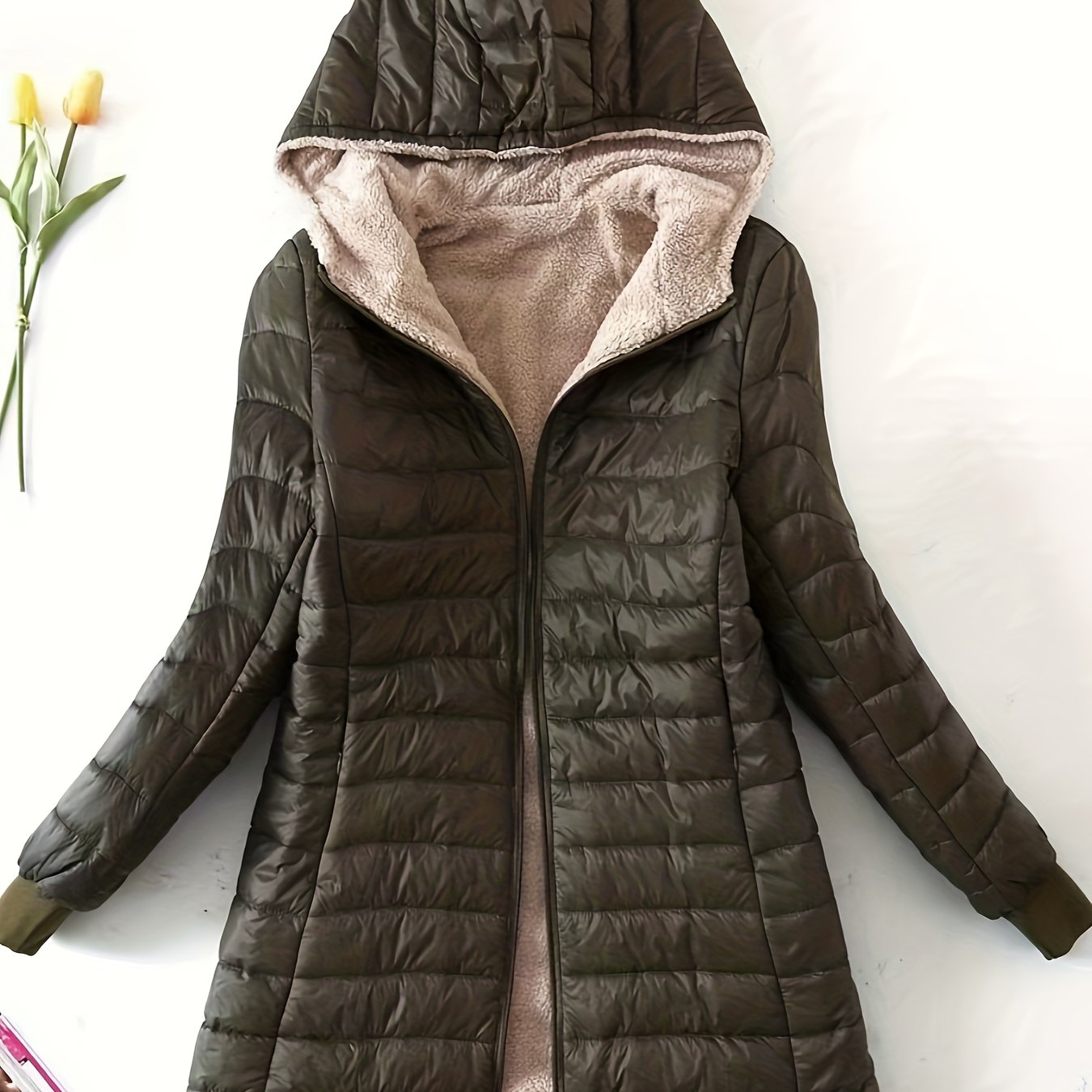 Sixsr Mid-length Hooded Slim Fit Fleece Padded Jacket, Warm Solid Color Causal Winter Coat, Women's Activewear