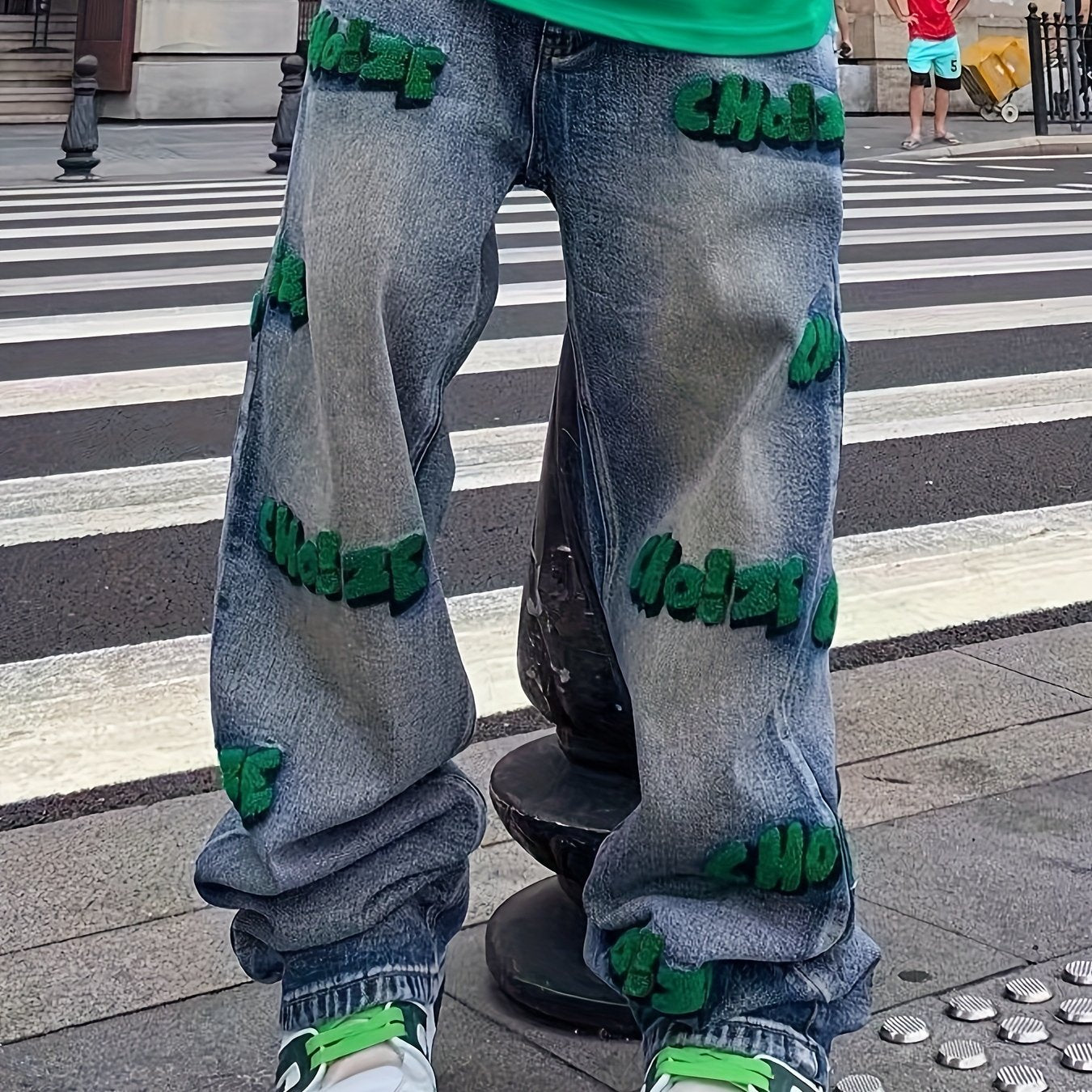 Sixsr Embroidery Cotton Baggy Jeans, Men's Casual Creative Street Style Denim Pants For Spring Summer