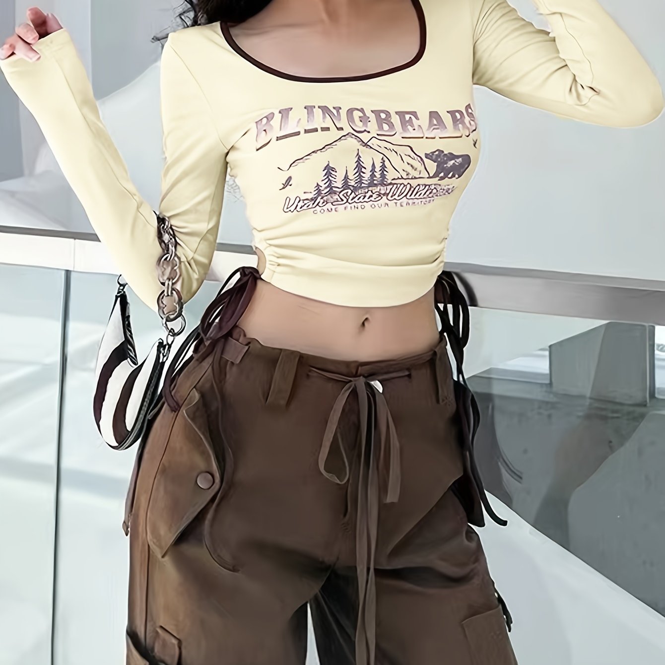Sixsr Graphic & Letter Print Side Drawstring T-Shirt, Casual Cut Out Color Block Long Sleeve Crop Top, Women's Clothing