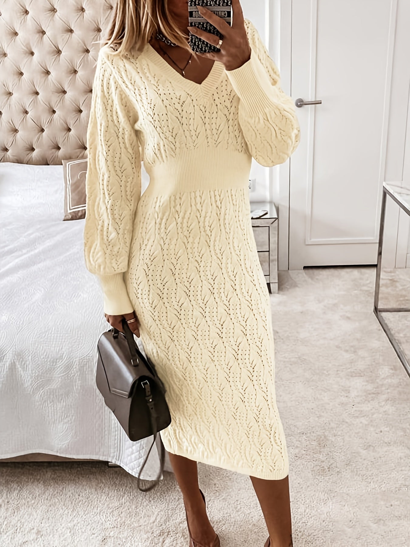 Sixsr Plus Size Casual Sweater Dress, Women's Plus Solid Eyelet Embroidered Long Sleeve V Neck Midi Sweater Dress