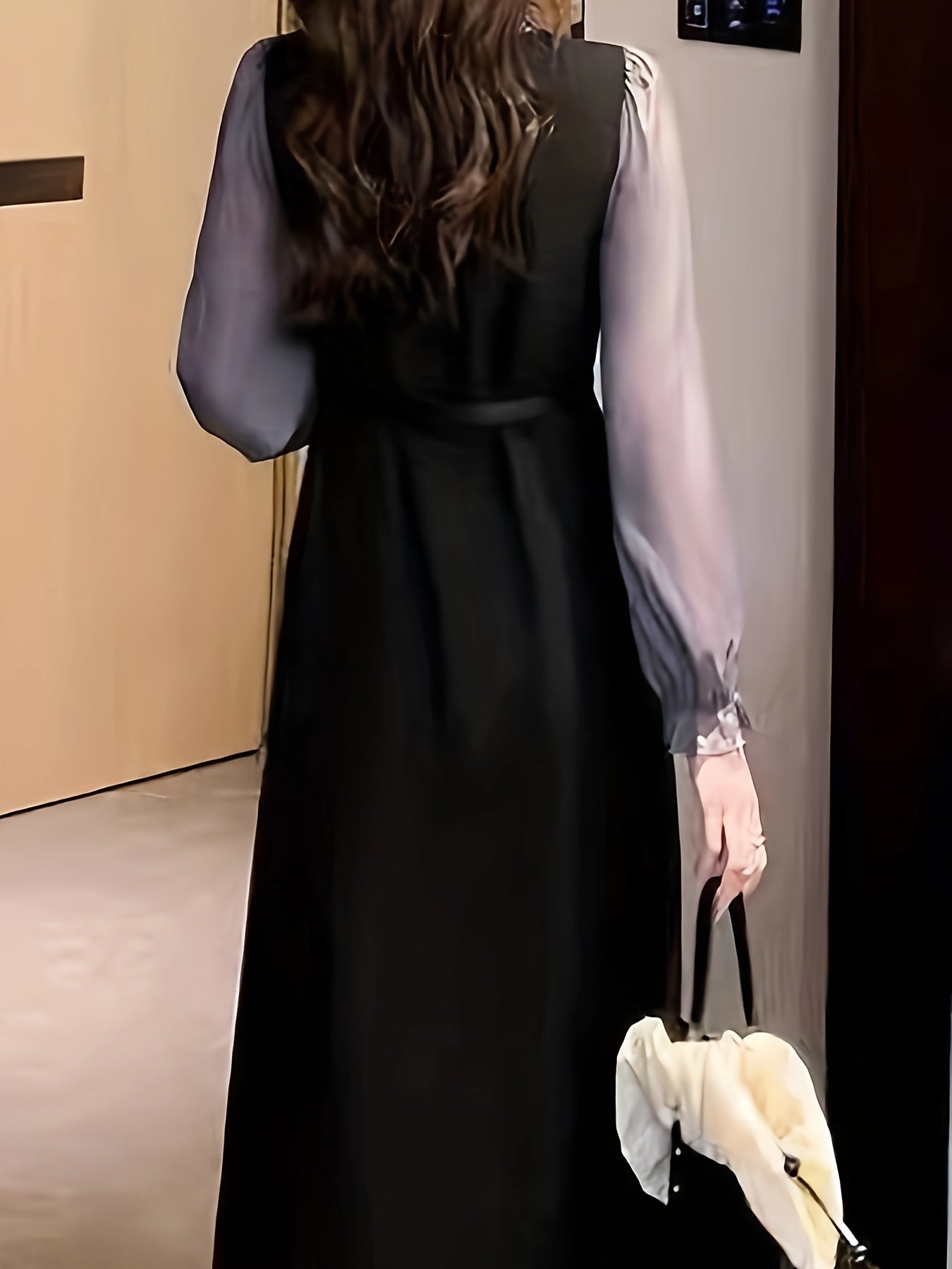 Sixsr Color Block Lettuce Trim Dress, Elegant Long Sleeve Midi Dress, Women's Clothing