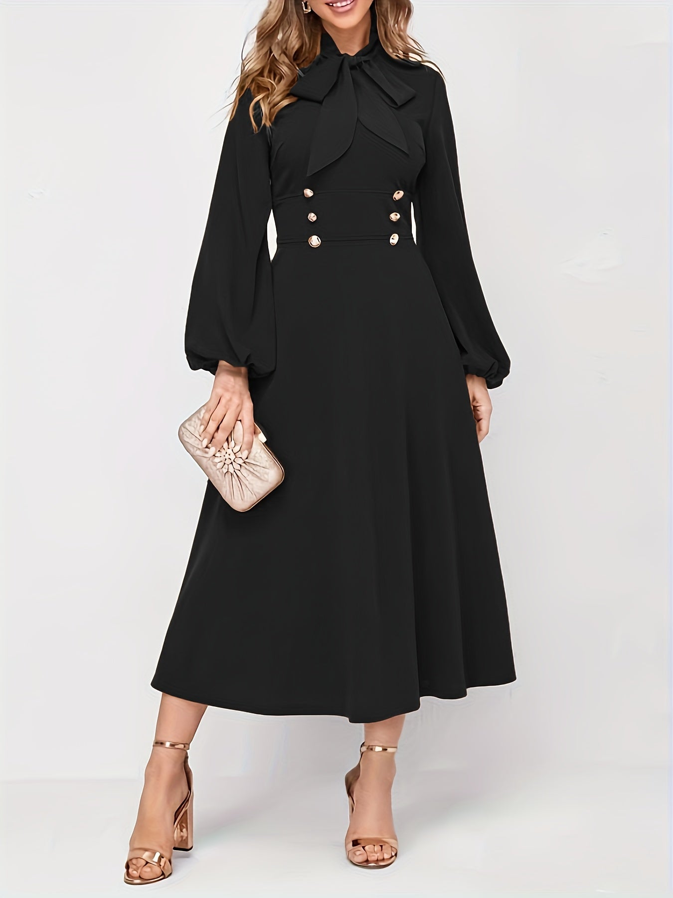 Sixsr Solid Tie Neck Midi Dress, Elegant Lantern Long Sleeve Dress, Women's Clothing
