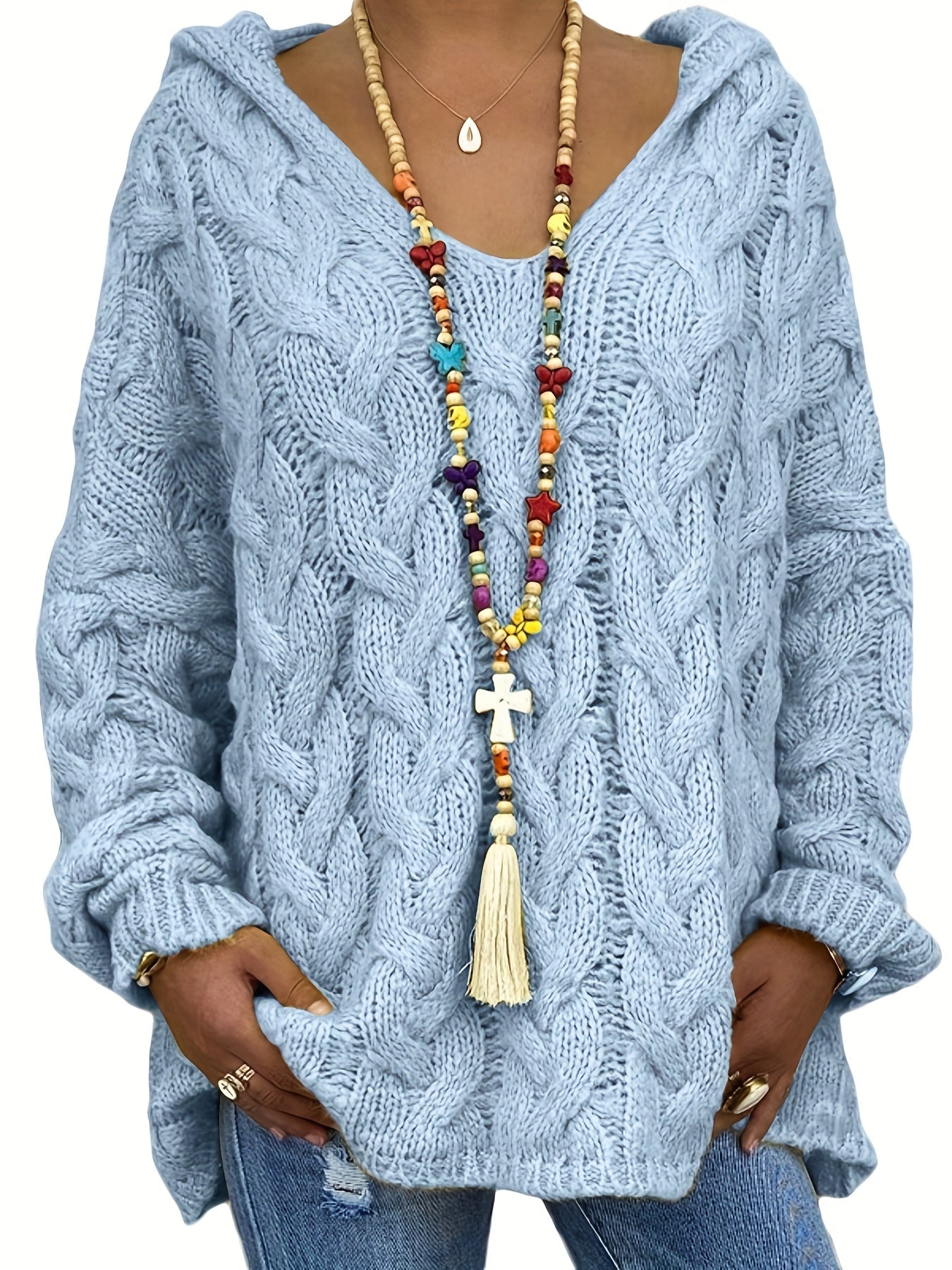 Sixsr Plus Size Casual Sweater, Women's Plus Solid Hooded Long Sleeve V Neck Knitted Pullover Jumper Top