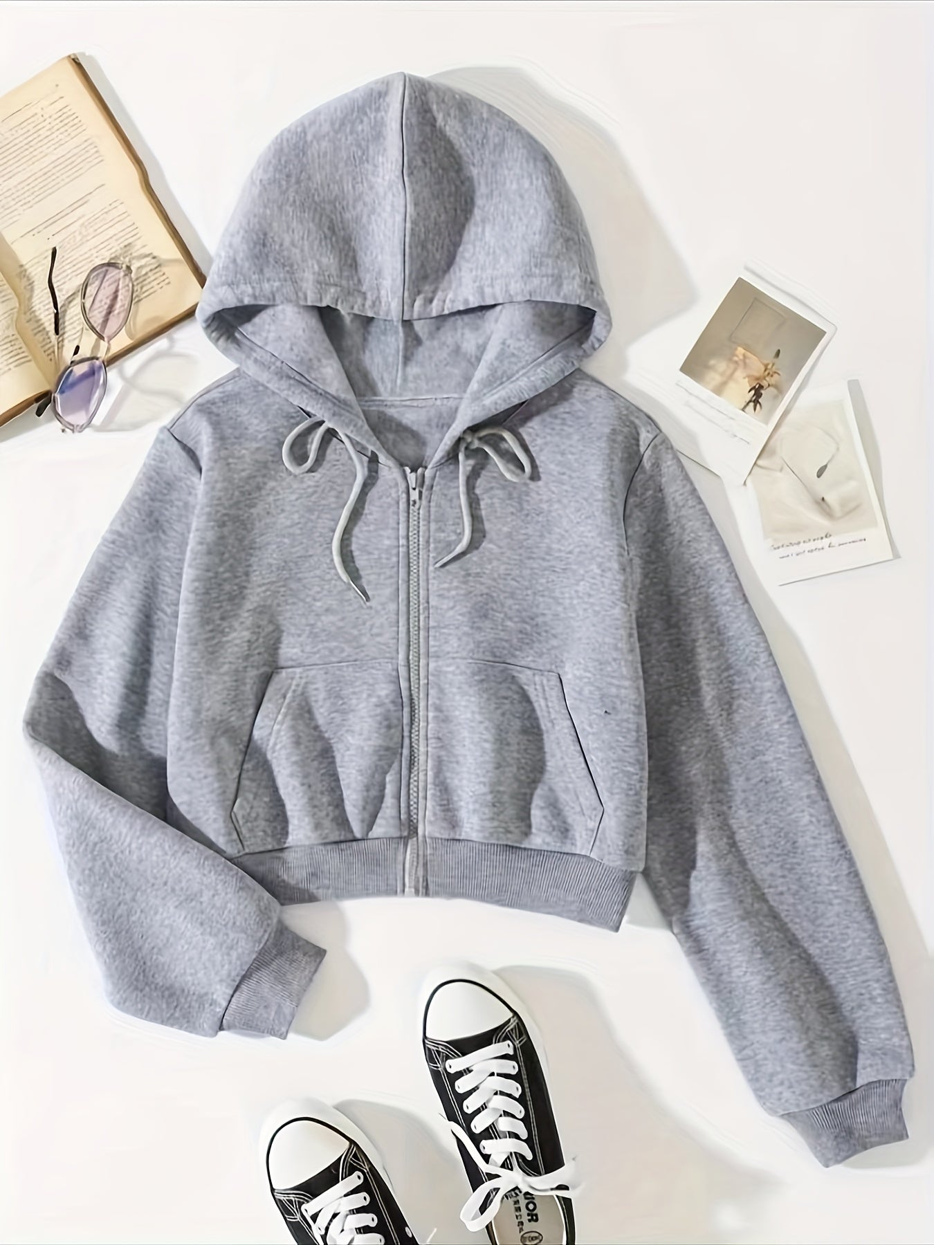 Sixsr Solid Drawstring Zip Up Thermal Lined Crop Hoodie Sweatshirt, Long Sleeve Pocket Front Sweatshirt, Women's Tops