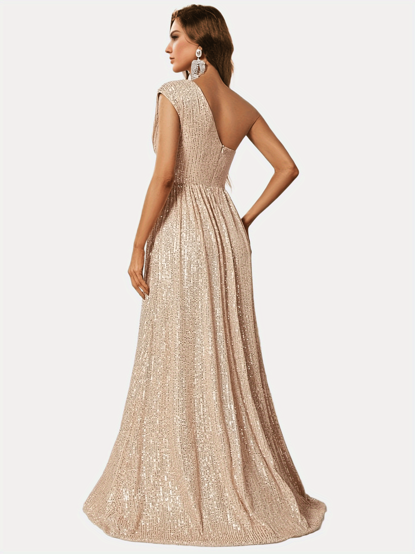 One Shoulder Sequins Floor Length Dress, Elegant Maxi Formal Evening Gown Dress, Women's Clothing