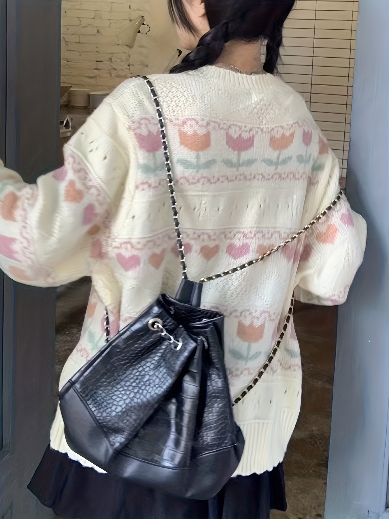 Sixsr Tulip Pattern Button Front Cardigan, Vintage Long Sleeve Drop Shoulder Outwear, Women's Clothing