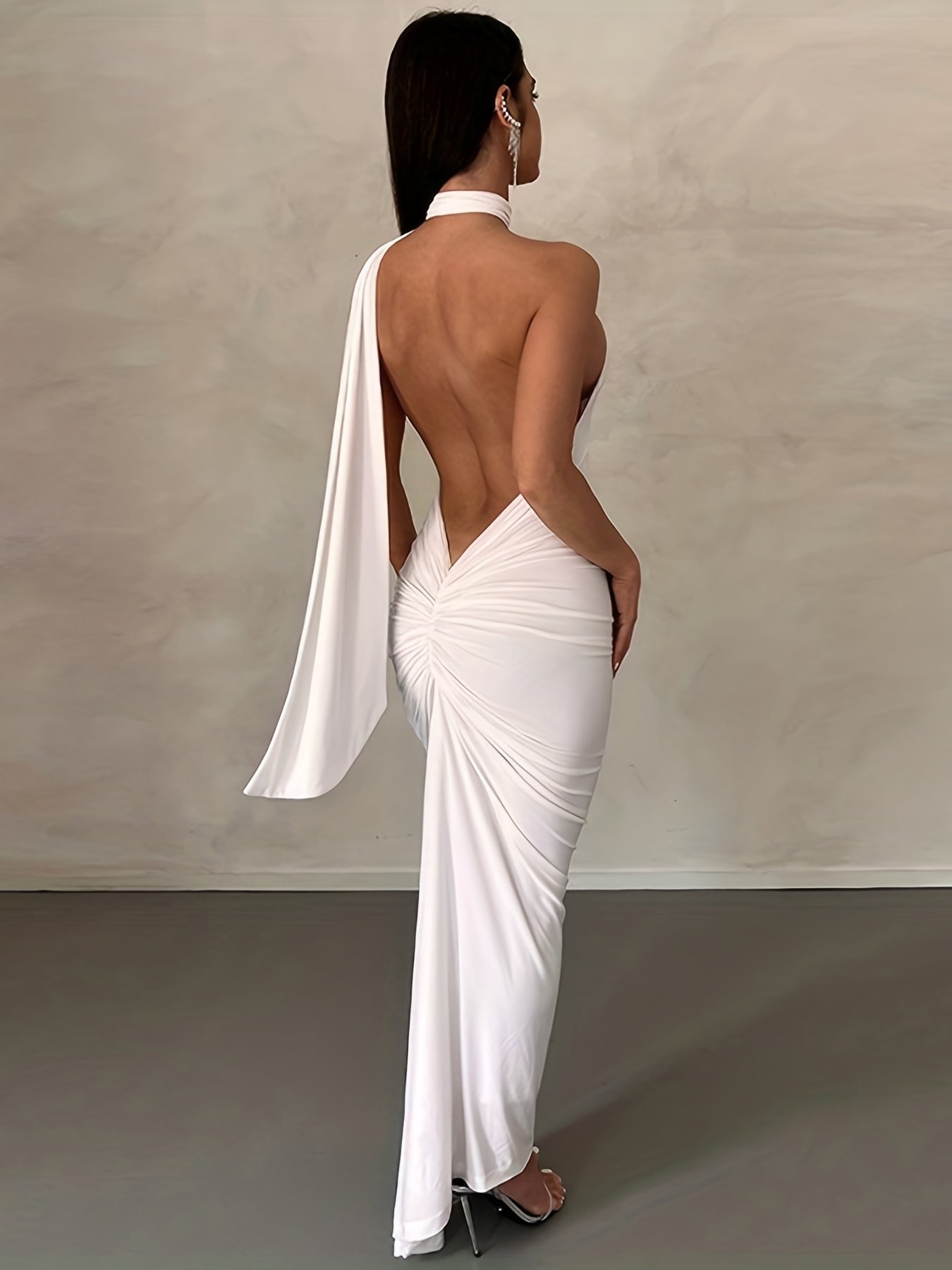 Sixsr Solid Halter Neck Dress, Sexy Backless Bodycon Ruched Sleeveless Dress, Women's Clothing