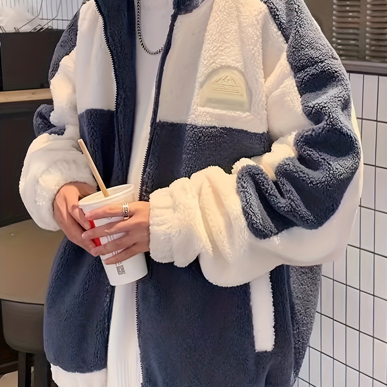 Sixsr Warm Plush Fleece Jacket, Men's Casual Color Block Stand Collar Jacket Coat For Fall Winter