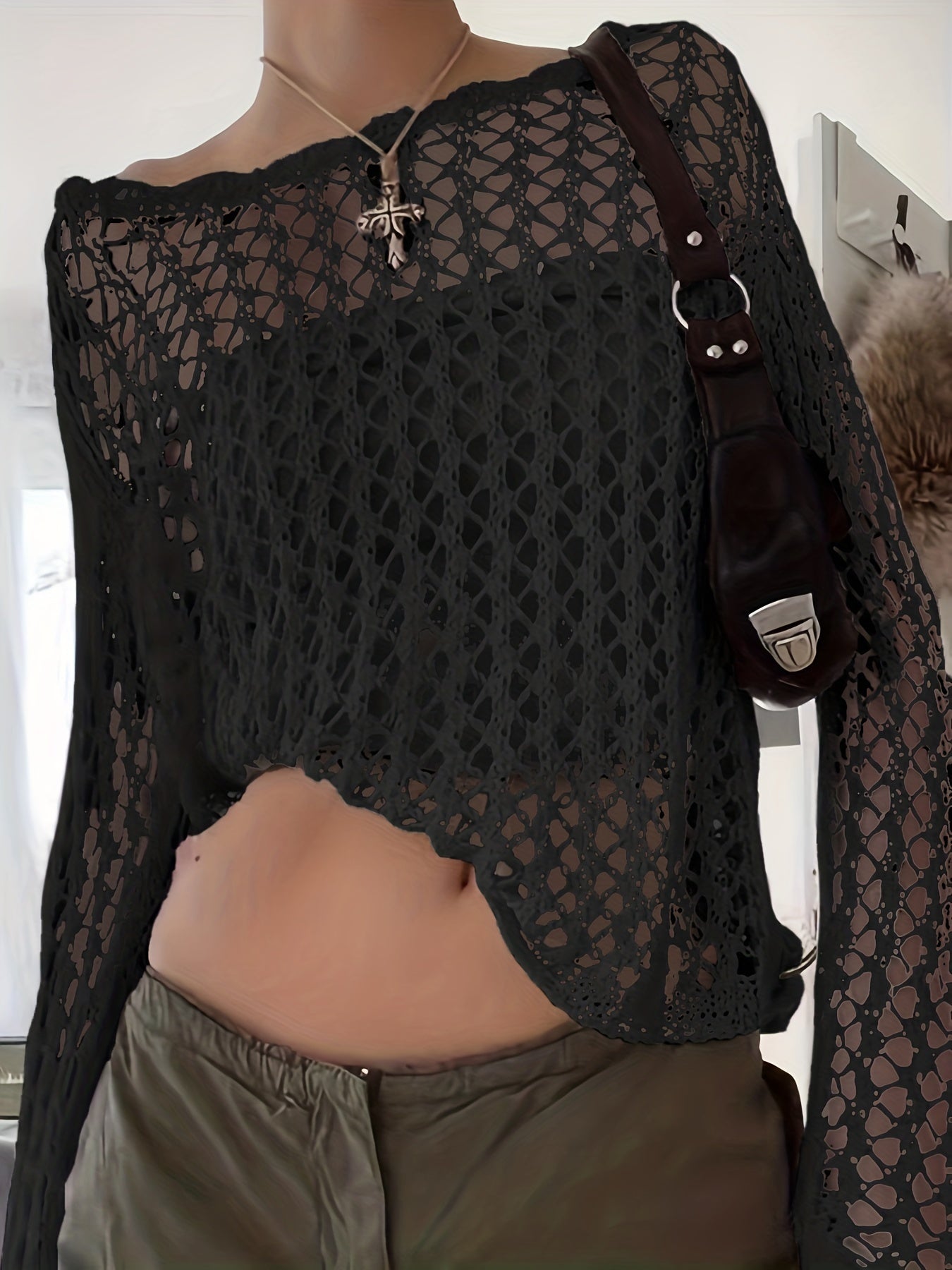 Sixsr Crochet Beach Wear Knit Sweater, Vacation Solid Crew Neck Long Sleeve Summer Sweater, Women's Clothing