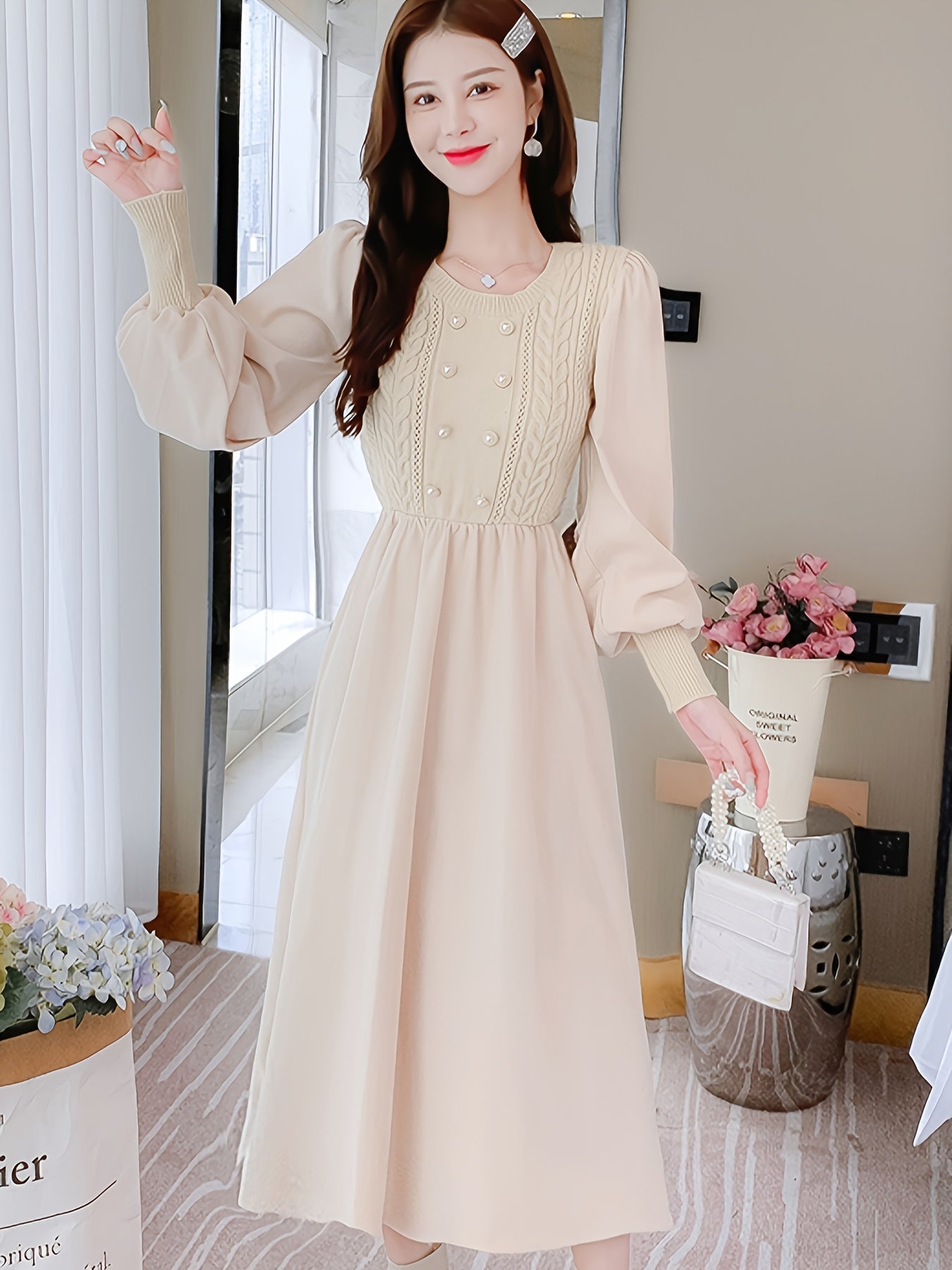 Sixsr Crew Neck Knitted Maxi Dress, Elegant Solid Color Button Long Sleeve Sweater A-line Dress For Fall & Winter, Women's Clothing