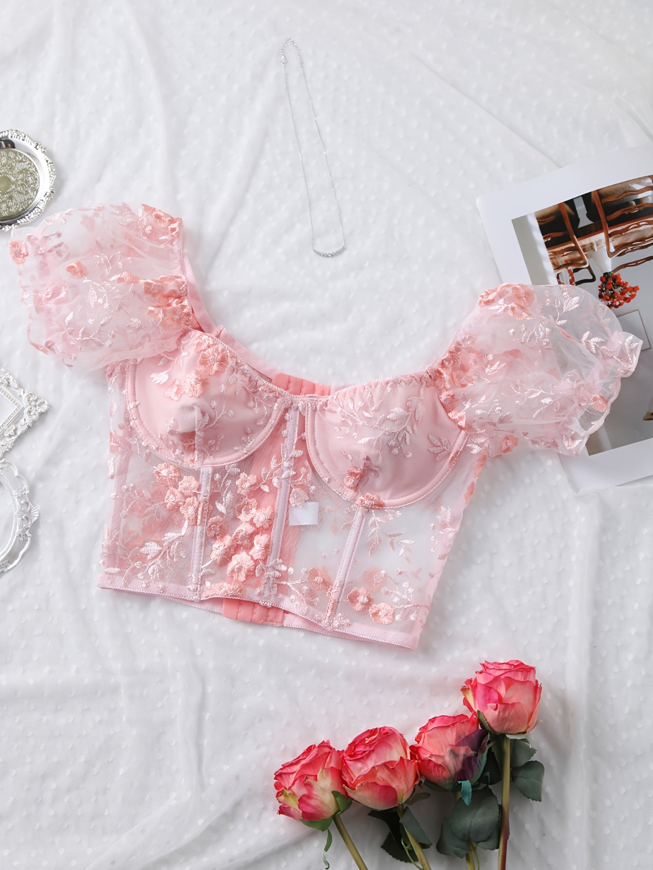 Sixsr Hot Floral Embroidery Bustier, Puff Sleeve Fishbone Bustier, Women's Sexy Lingerie & Underwear
